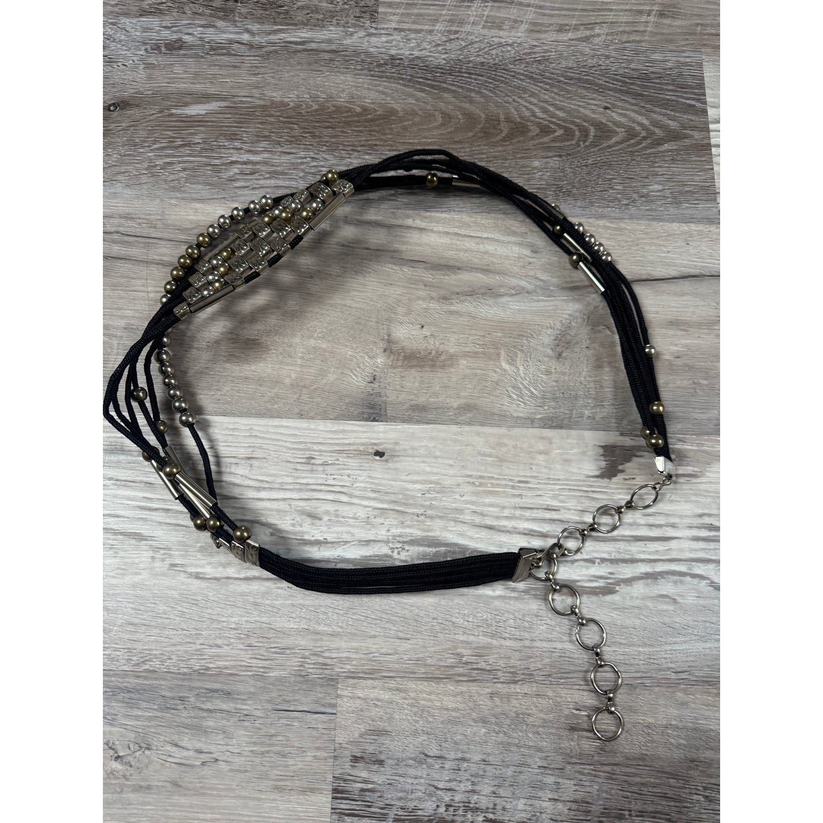 Vintage Y2K Boho Multi Strand Beaded Metal Statement Waist Hip Belt Black Cord