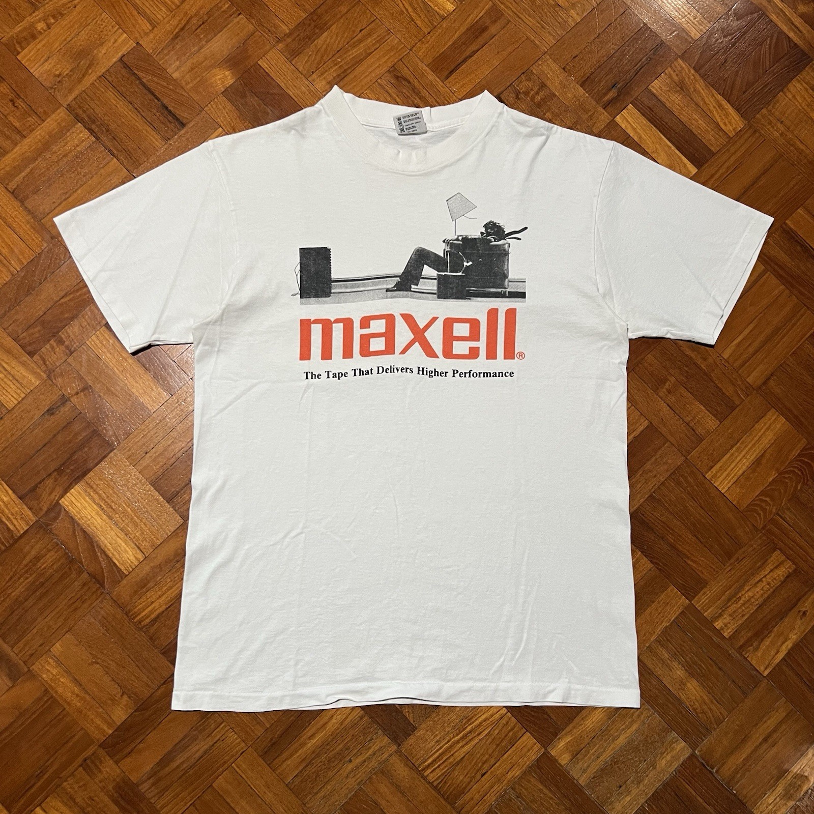Vintage VTG 90s Maxell Hi-Fi Music Logo Tape Tee Single Stitched L Promo Tv Tech
