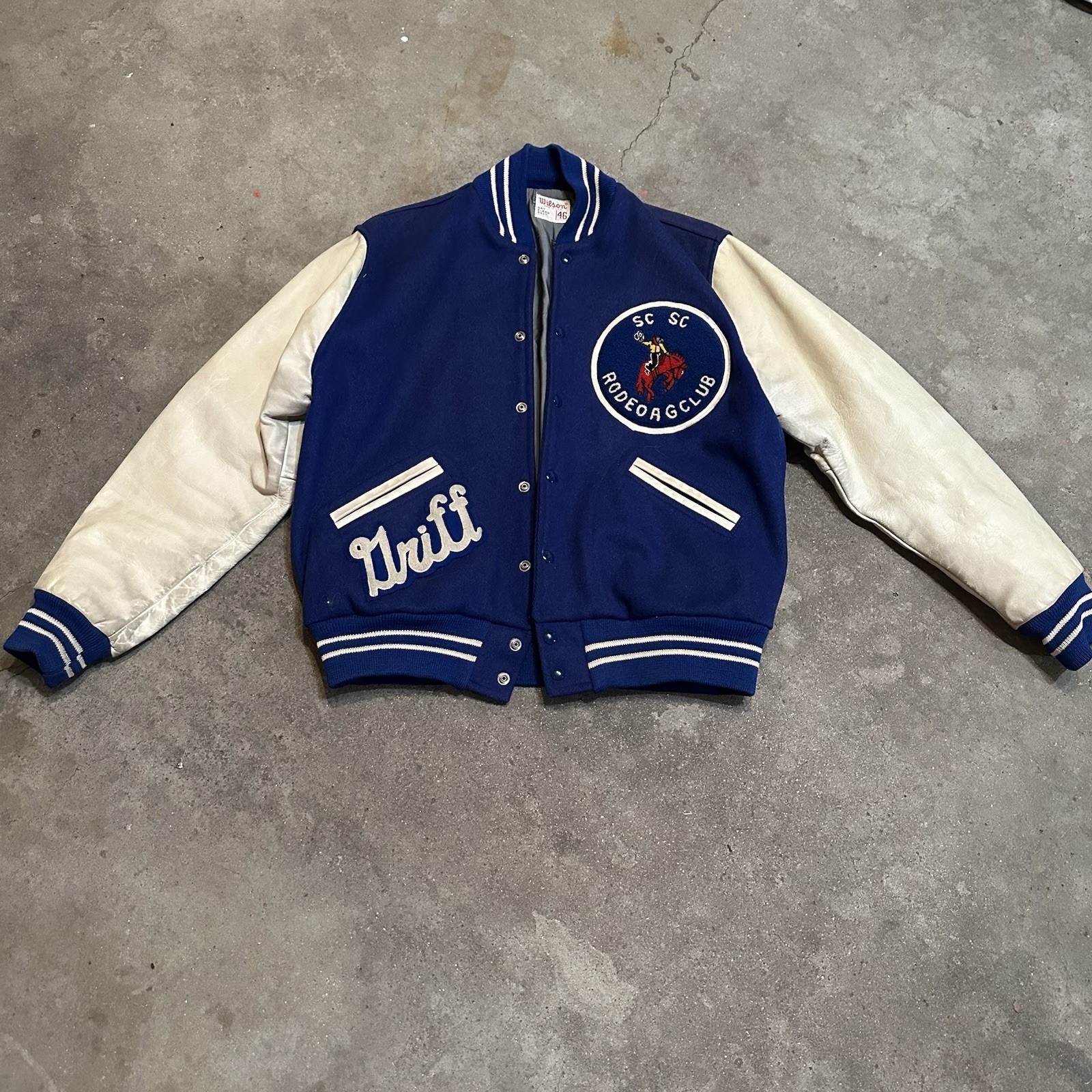 Wilson Varsity Jacket Mens 46 Blue Rodeo Ag Club Leather Sleeve Vintage USA
