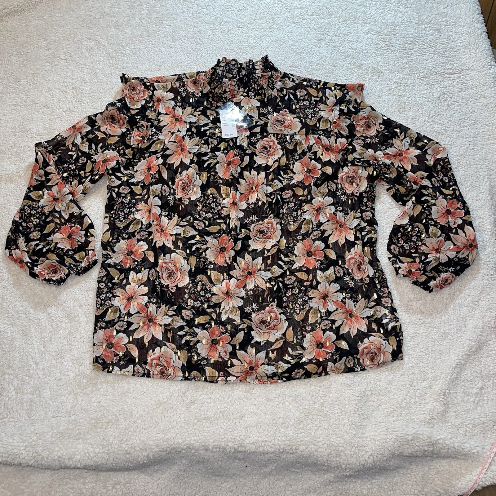 Maurices Womens Large Floral Blouse Mock Neck Gold Metallic Long Sleeve NWT