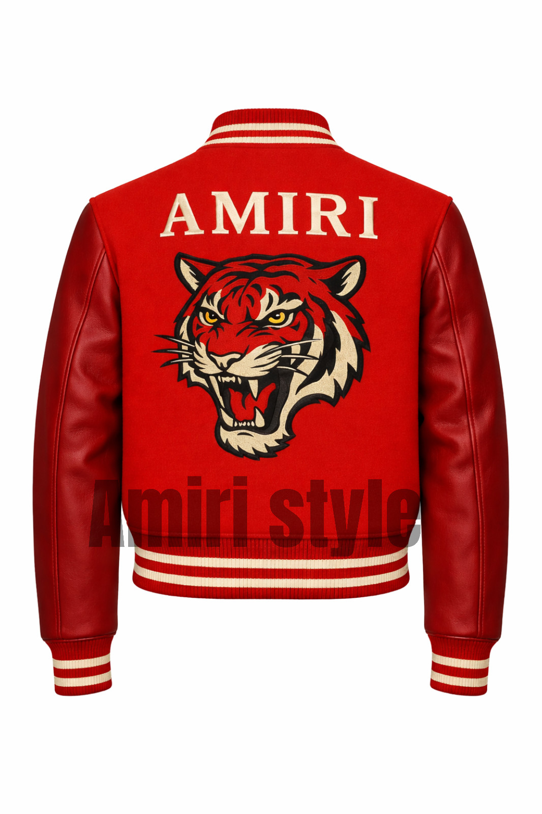 Men’s Red AMIRI Varsity Jacket – Leather Sleeves, Tiger Embroidery, Streetwear