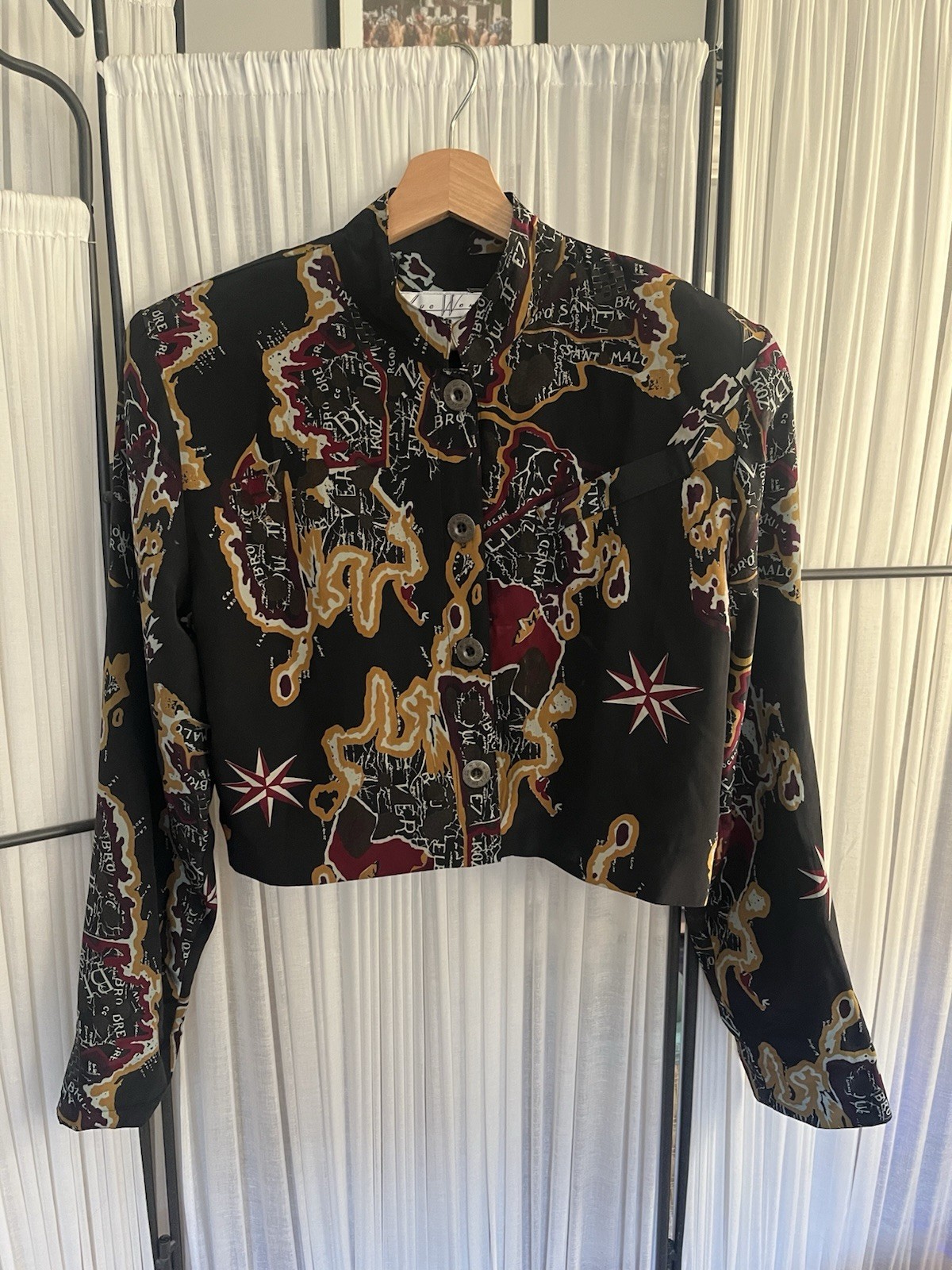 Vintage Sue Wong Cropped Button Front Graphic Abstract Map Print Jacket Black M