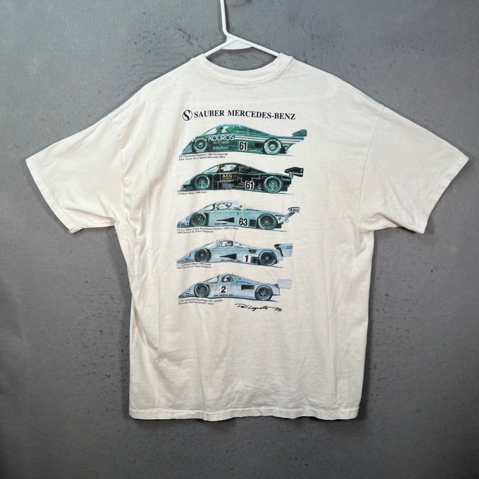 Vintage 90s Sauber Mercedes-Benz Le Mans Racing C11 C291 C9 T-Shirt White Large