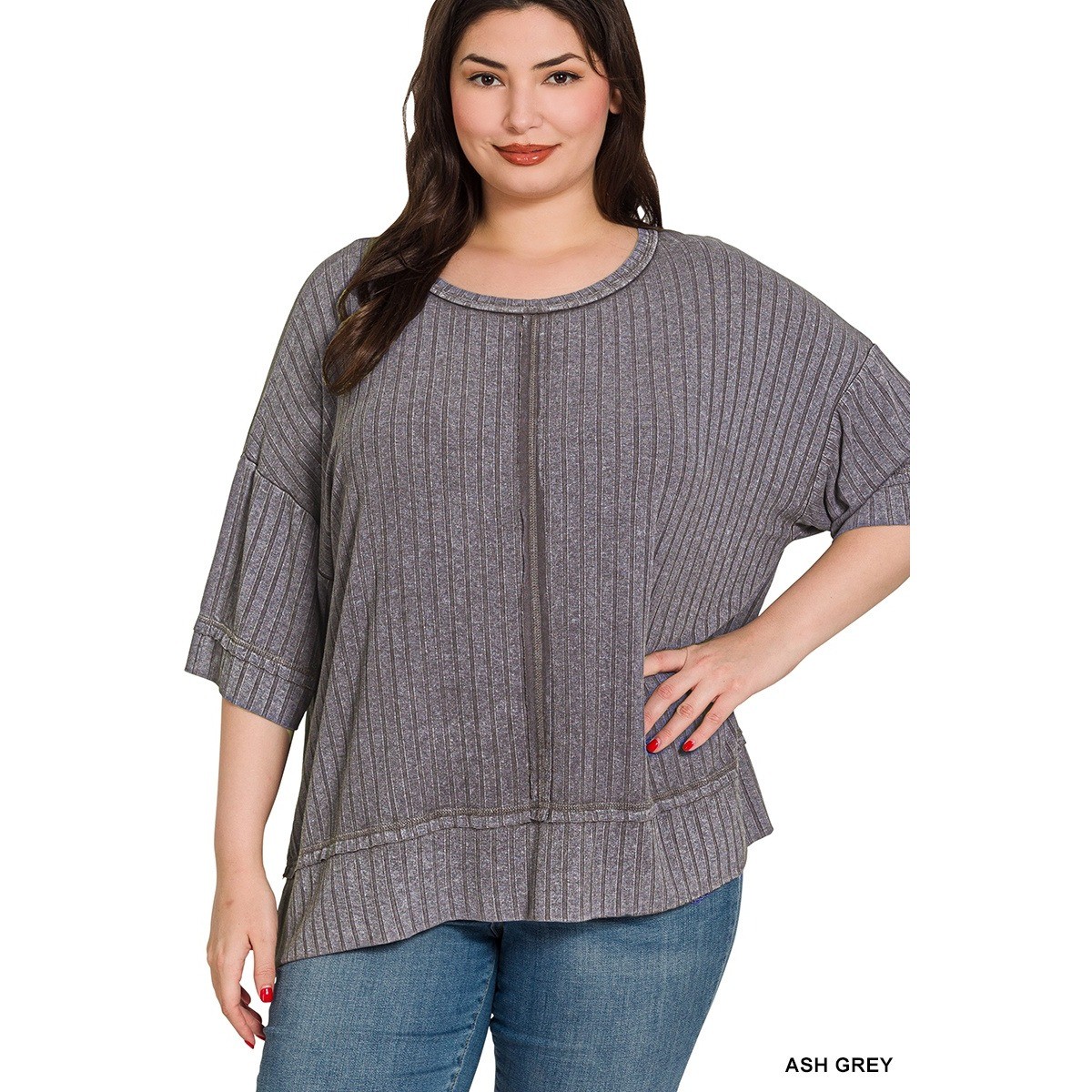 390-L/XL Zenana Top  Ash Black NWT Ribbed Drop Shoulder Half Sleeve