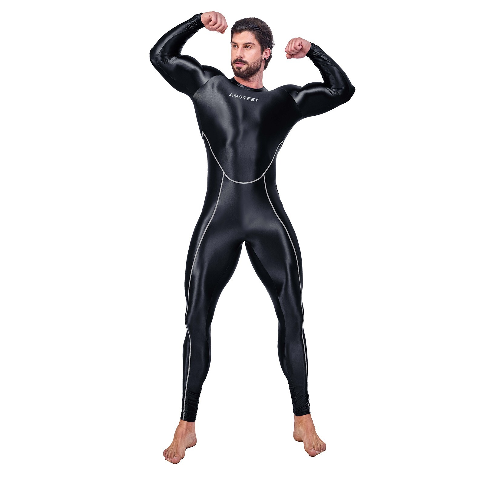 AMORESY Men\'s Shiny Glossy Bodysuit Jupsuits Fitness Overalls Sportswear Tights