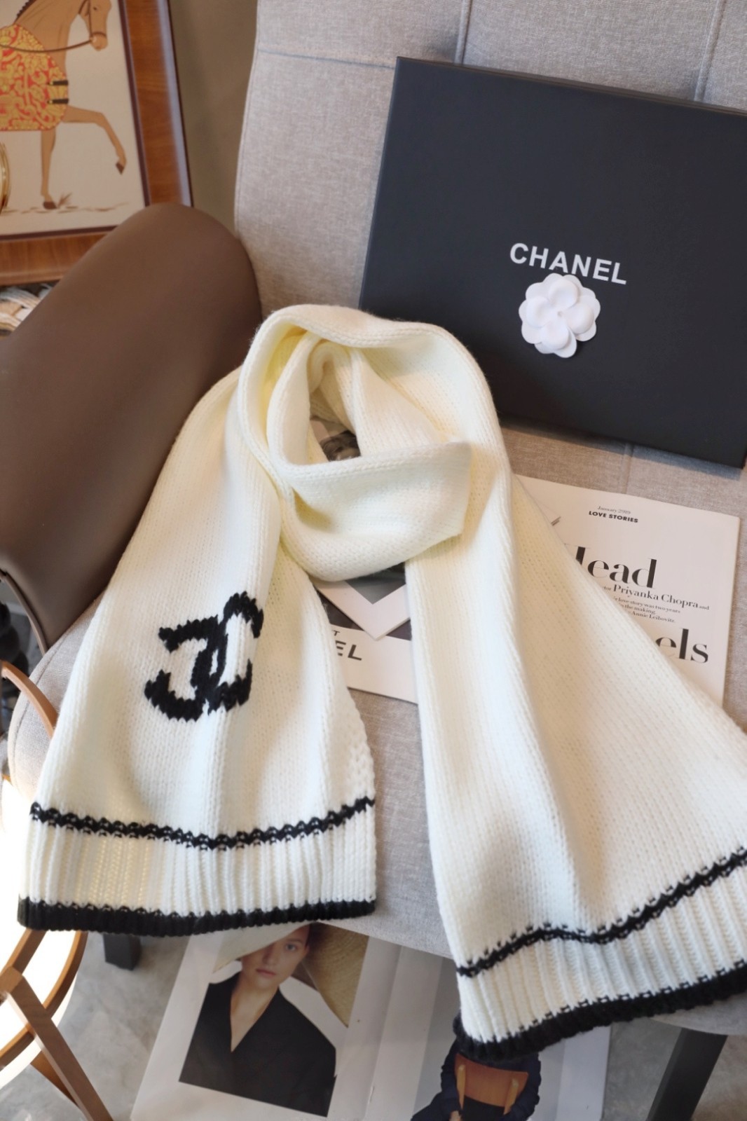 CHANEL 26A Wool Cashmere Knit Scarf Cream Black Double CC Logo 180x30cm