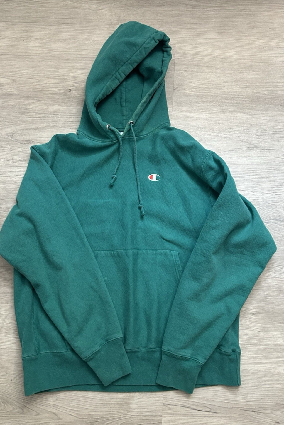 VTG Champion Hoodie Green Reverse Weave sweatshirt fade spots size large