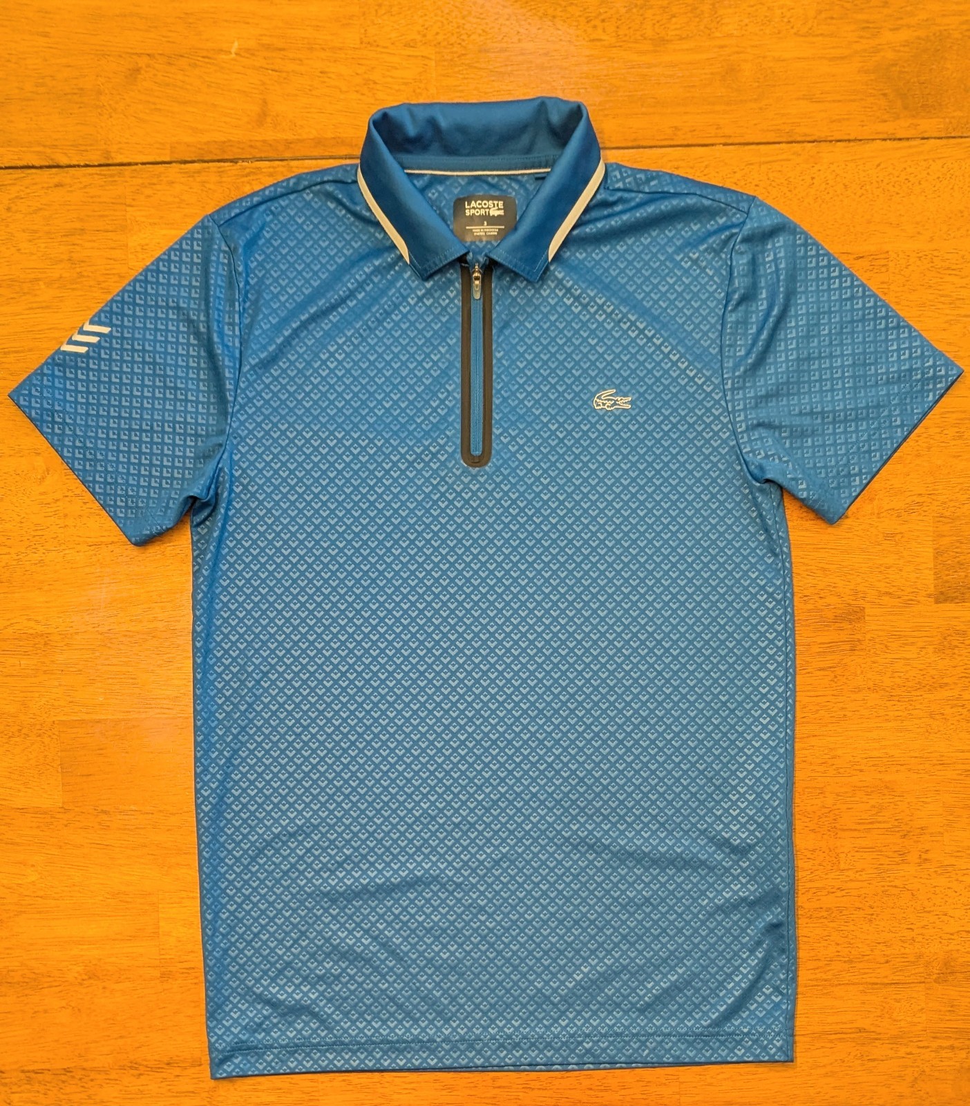 LACOSTE Sport Polo Shirt Mens Small 3 Blue Geometric Ultra Dry Golf 1/4 Zip EUC
