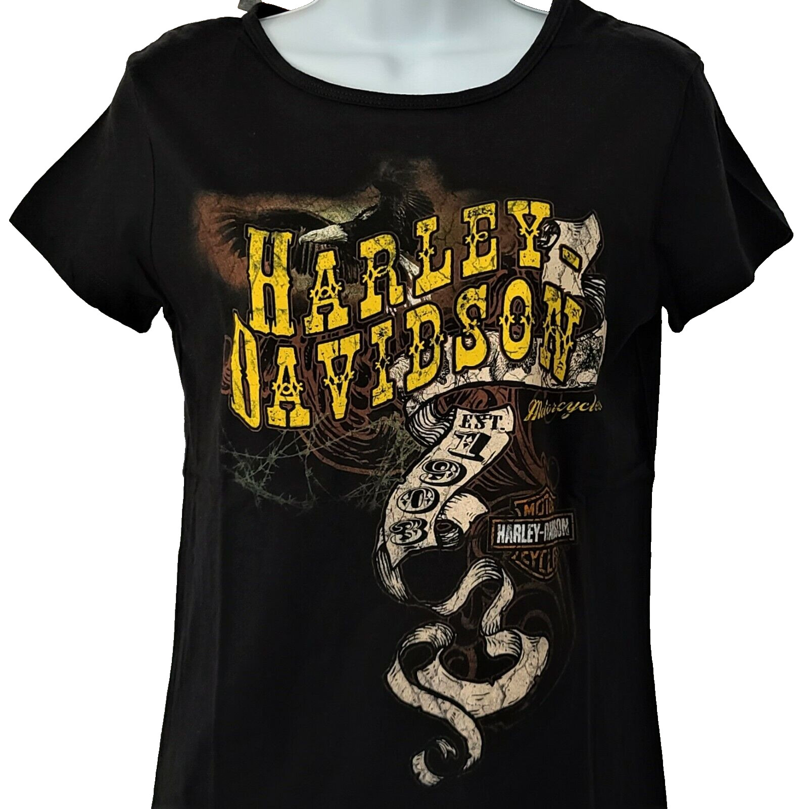 Harley Davidson SS Shirt Black Western Eagle Buffalo Est 1903 Chest35in Womens M