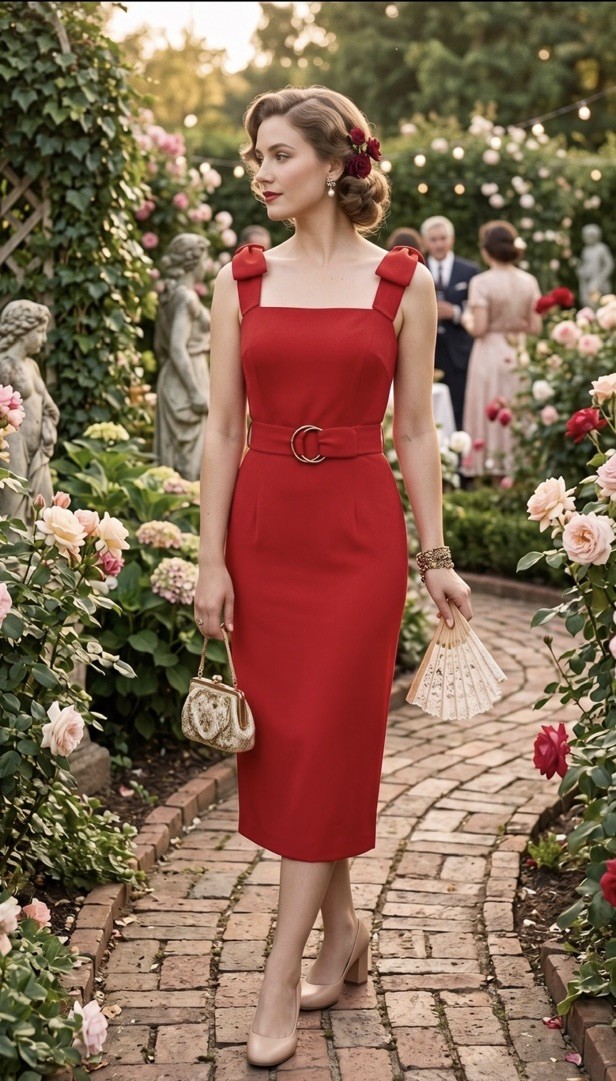 NWT Suzabelle VTG Inspired Red Sheath Midi Dress Size M. Belted, Square Neck.