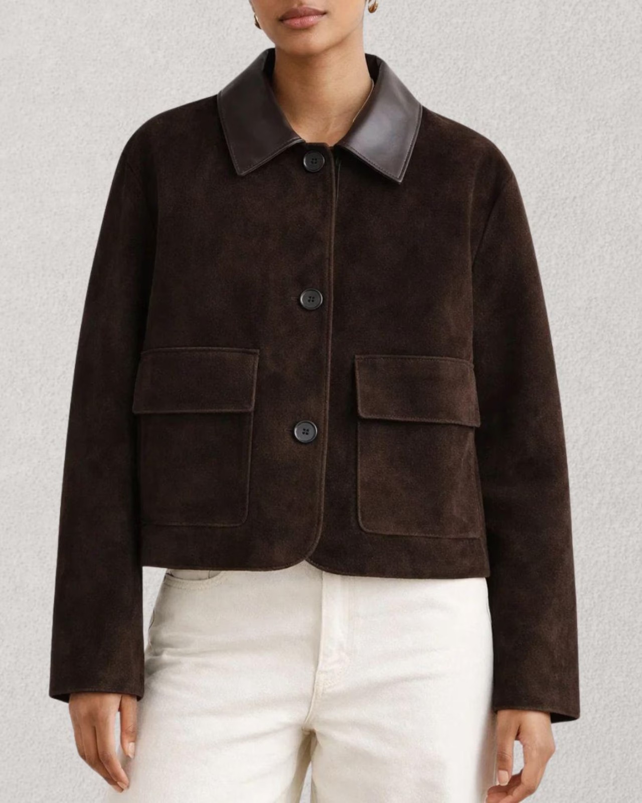 Women\'s Brown Real Suede Leather Cropped Jacket Button Front Coat With Pockets