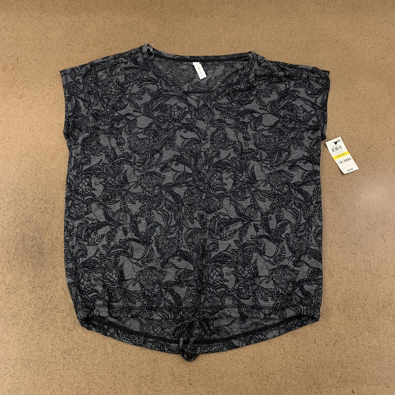 Ideology Women\'s Size Medium Gray Black Floral Short Sleeve Drawstring Shirt NWT