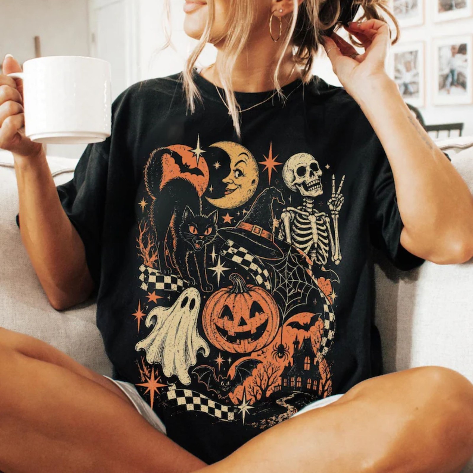 Retro Halloween T-Shirt Black Cat Ghost Skeleton Pumpkin Witch Spooky Y2K Tee