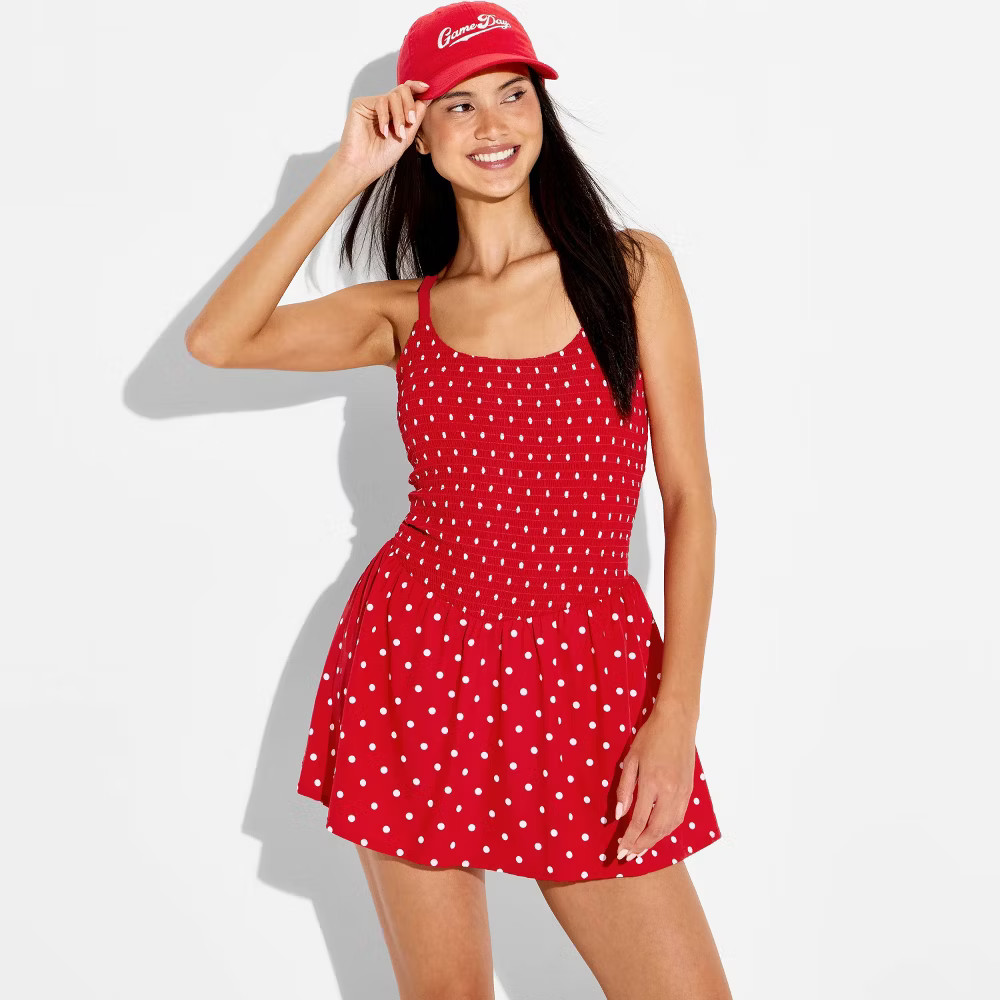 JoyLab Women's Polka Dot Smocked Sleeveless Dress - Red Polka Dot