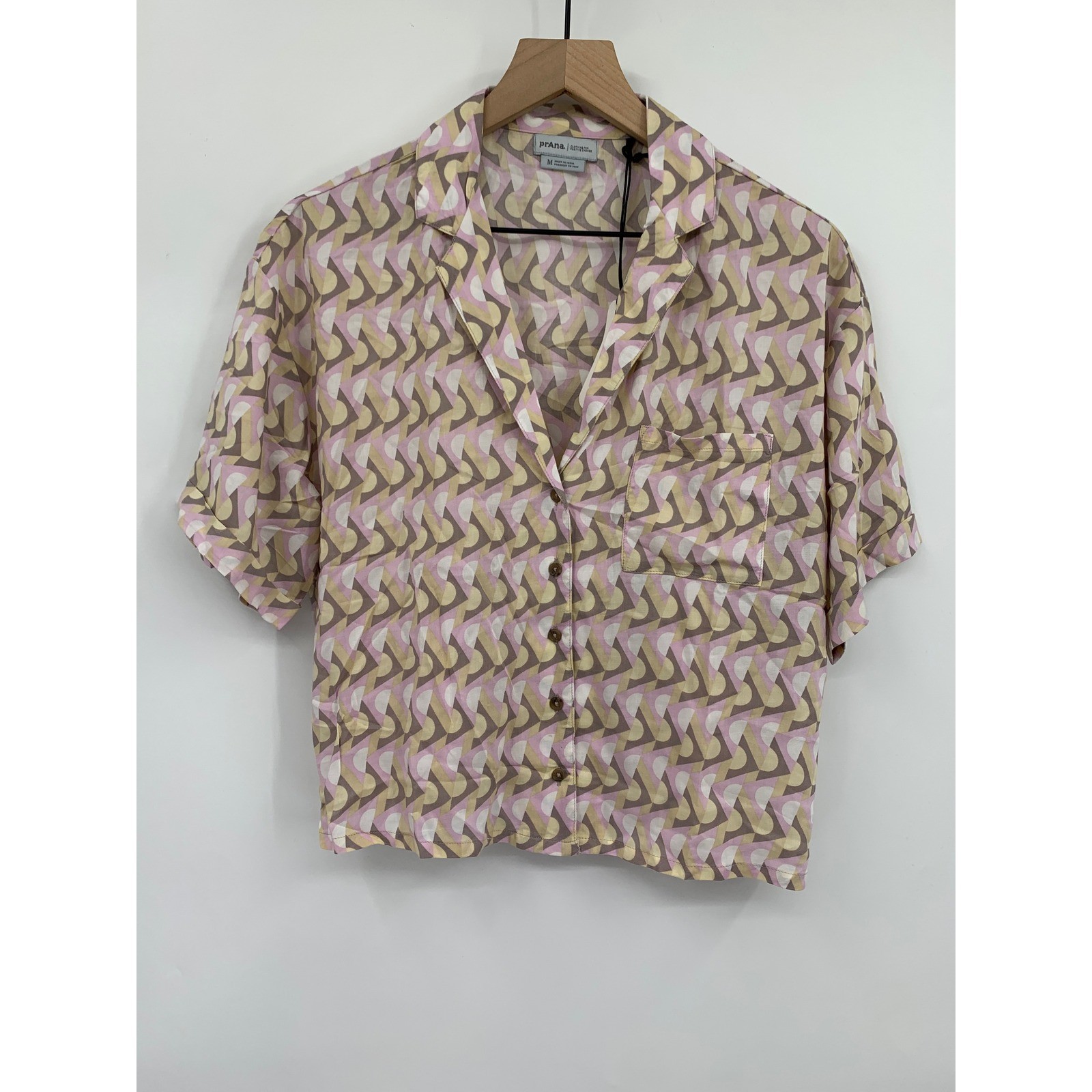 Prana Shirt Womens Medium Brown Pink Iguala Top Short Sleeve Boxy Button Up NEW