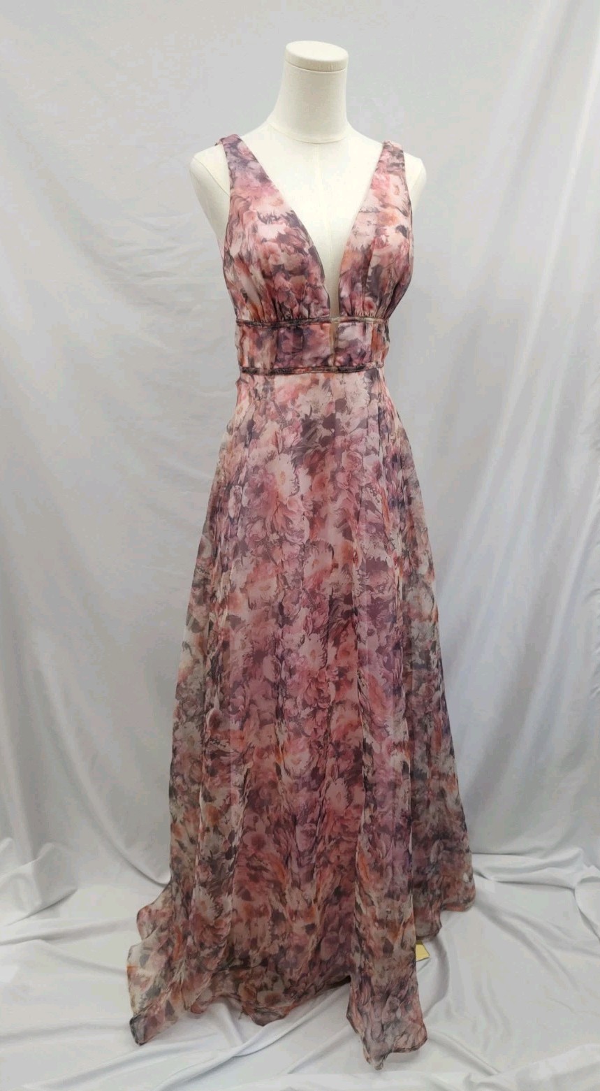 NWT Lulus Sweet Radiance Dress Floral Print Pinks Organza Plunge V Maxi Long  S