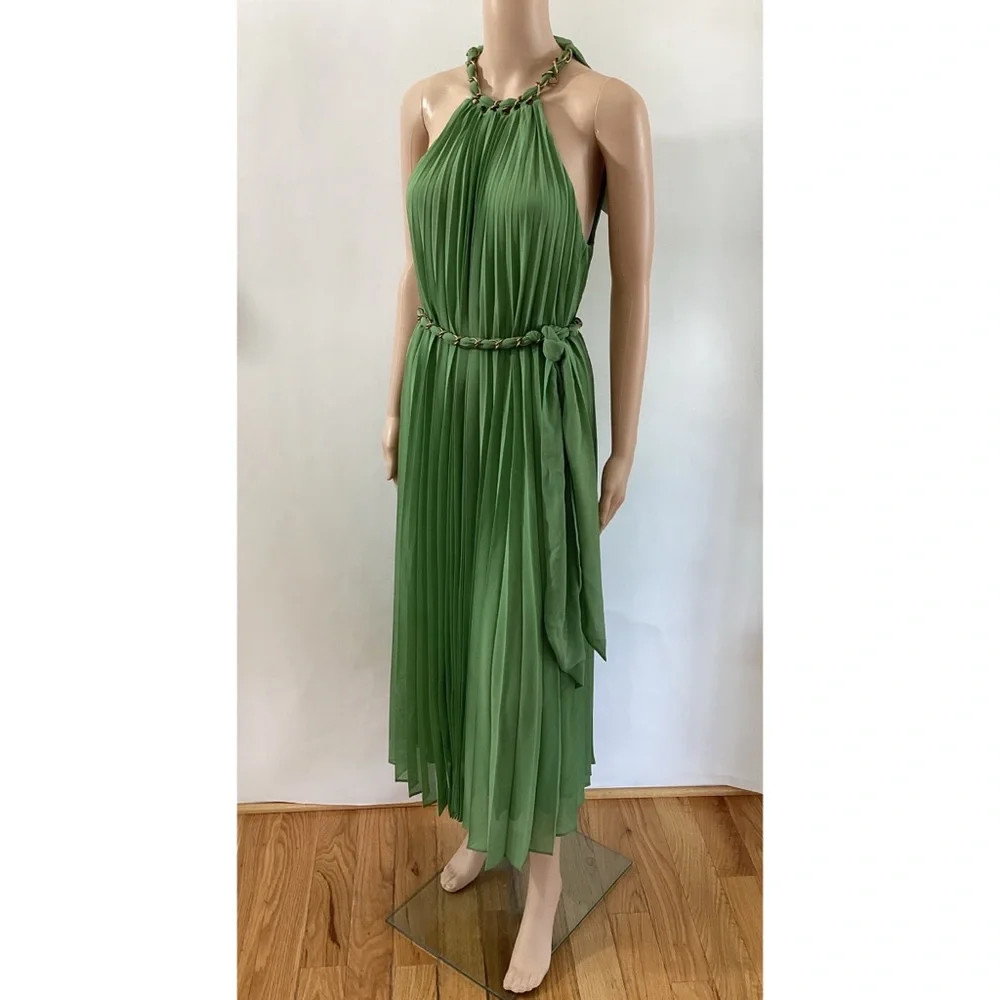 ZIMMERMANN Green Pleated Sunray Midi Dress Chain Detail Size 1 - M