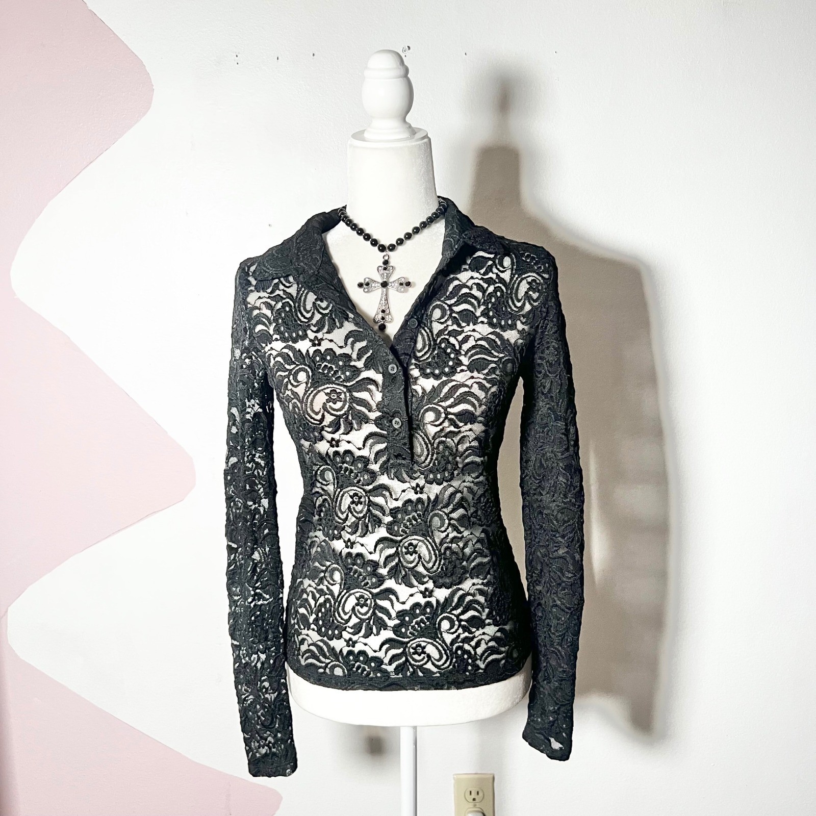 Vtg Y2k 2000s Black Lace Top Medium Floral Victorian 90s Goth Whimsigoth