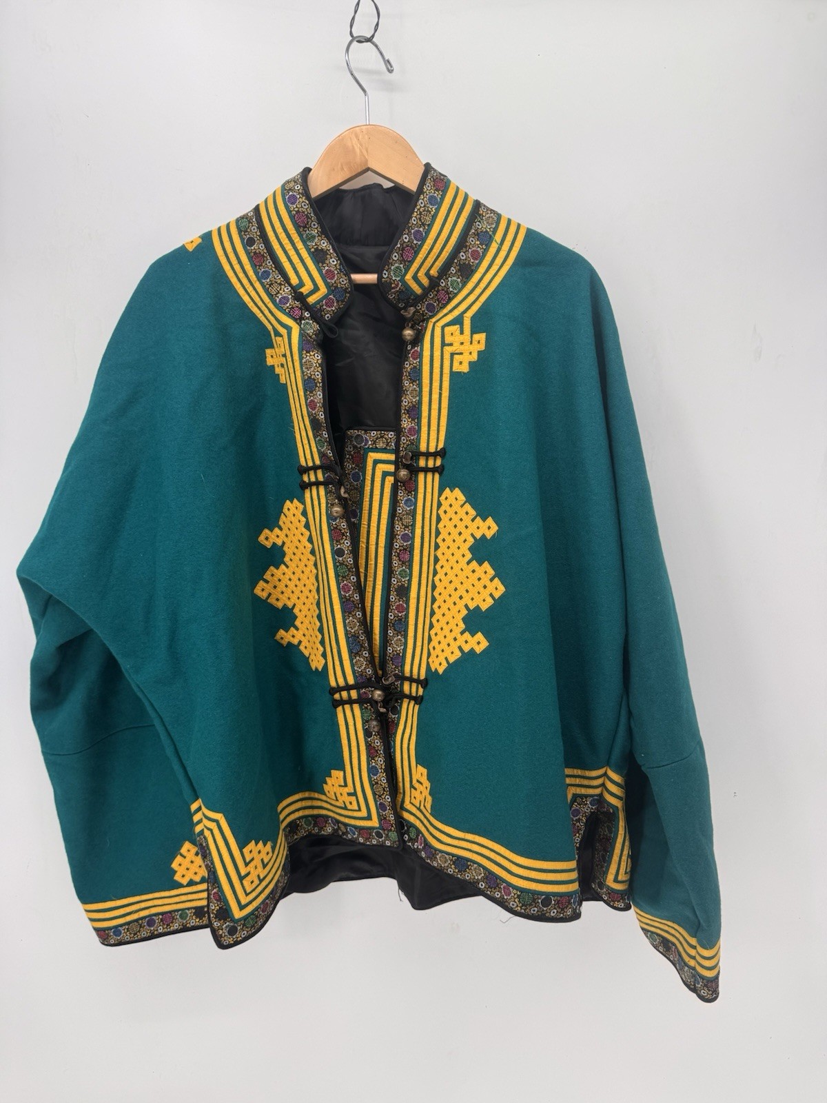 Vintage Traditional Central Asia Wool Coat Silk Lined Embroidered Boho Cape