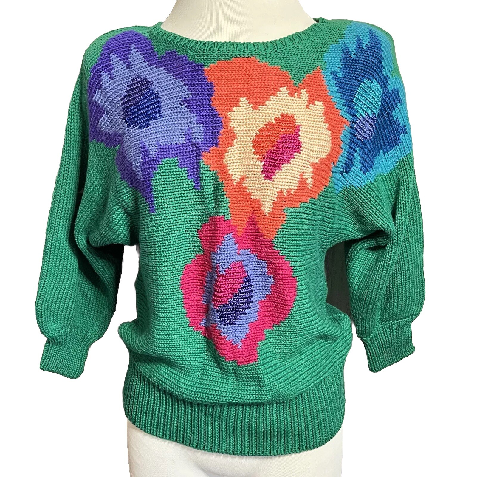 Golden Girls RARE 1990s Women’s Medium Dolman Green Floral 3/4 Sleeve Sweater