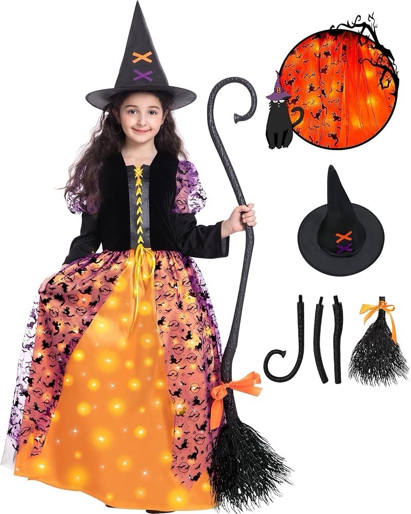 New Deluxe Girls Witch Halloween Costume Light Up Dress Hat Broom Sz 5-7 SM