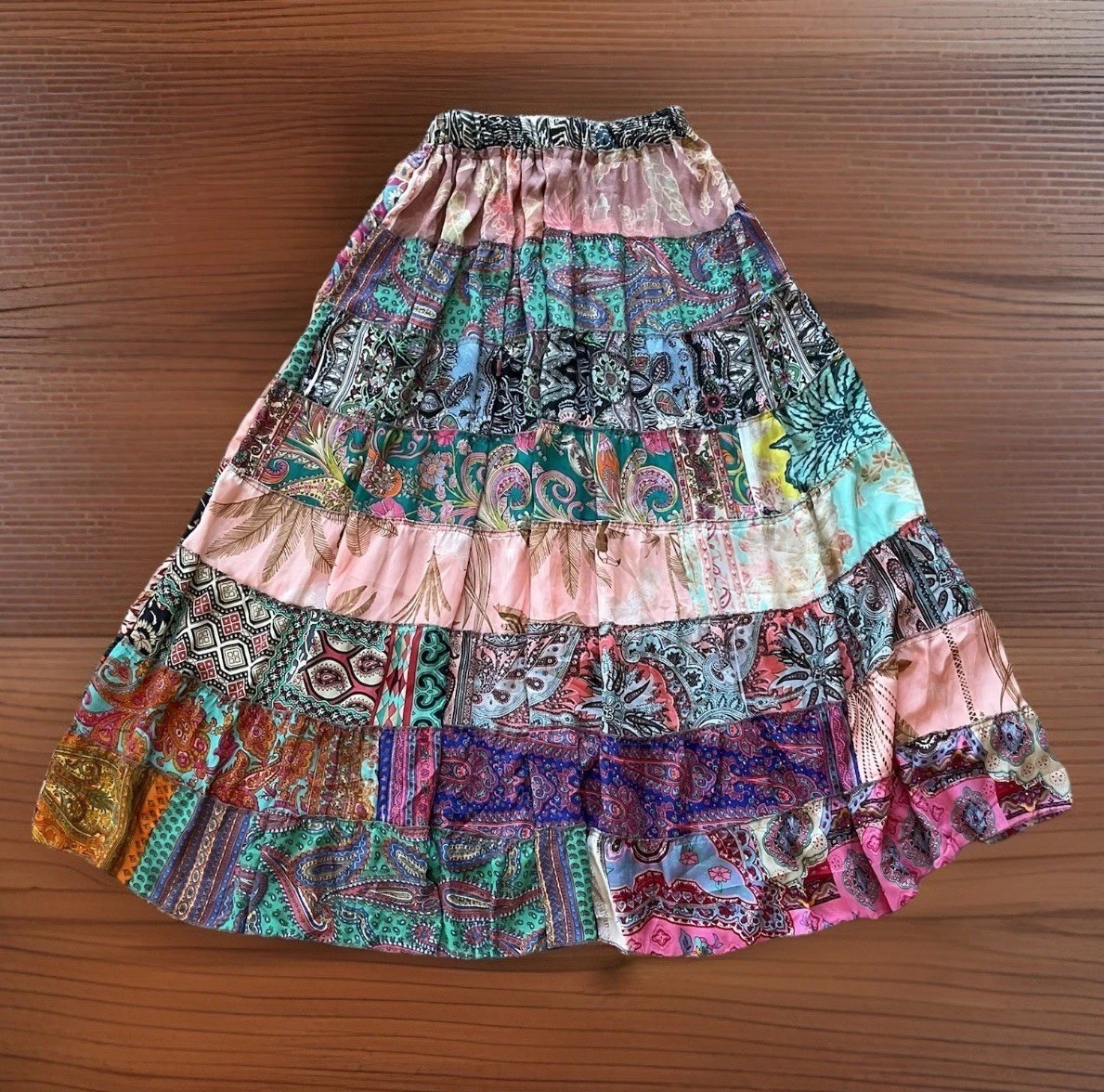 100% Silk O/S  Boho Hippie Patchwork Festival Maxi Long Skirt Drawstring