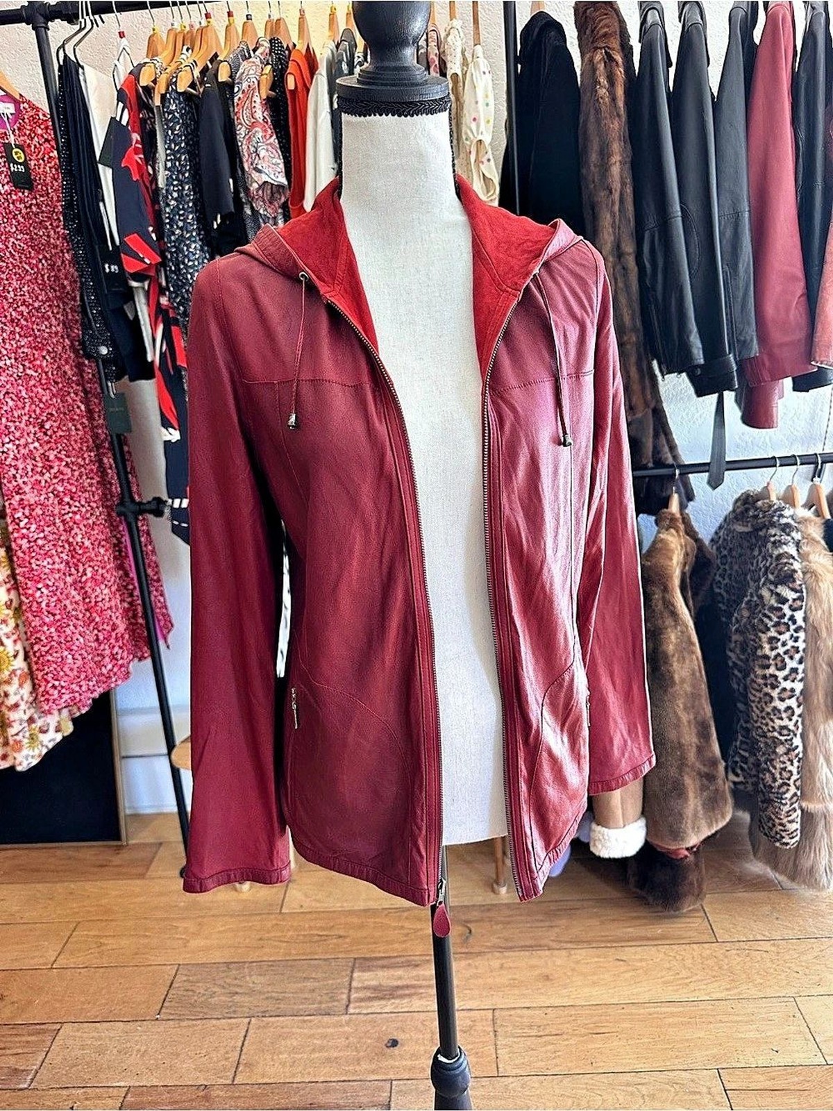 Unbranded Wine Red Leather Hooded Zip Jacket
