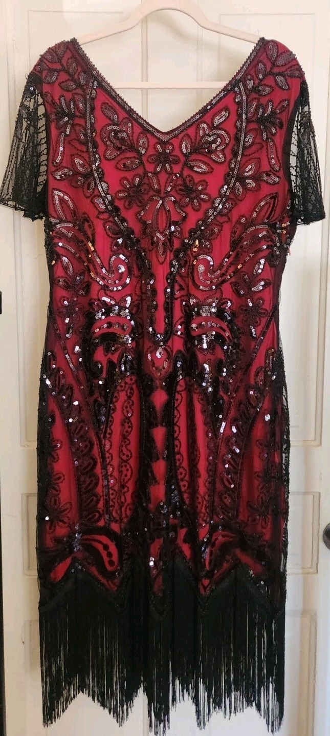 Fundaisy 1920s Vintage Inspired Sequin Fringe Dress Black/red , Size XXL