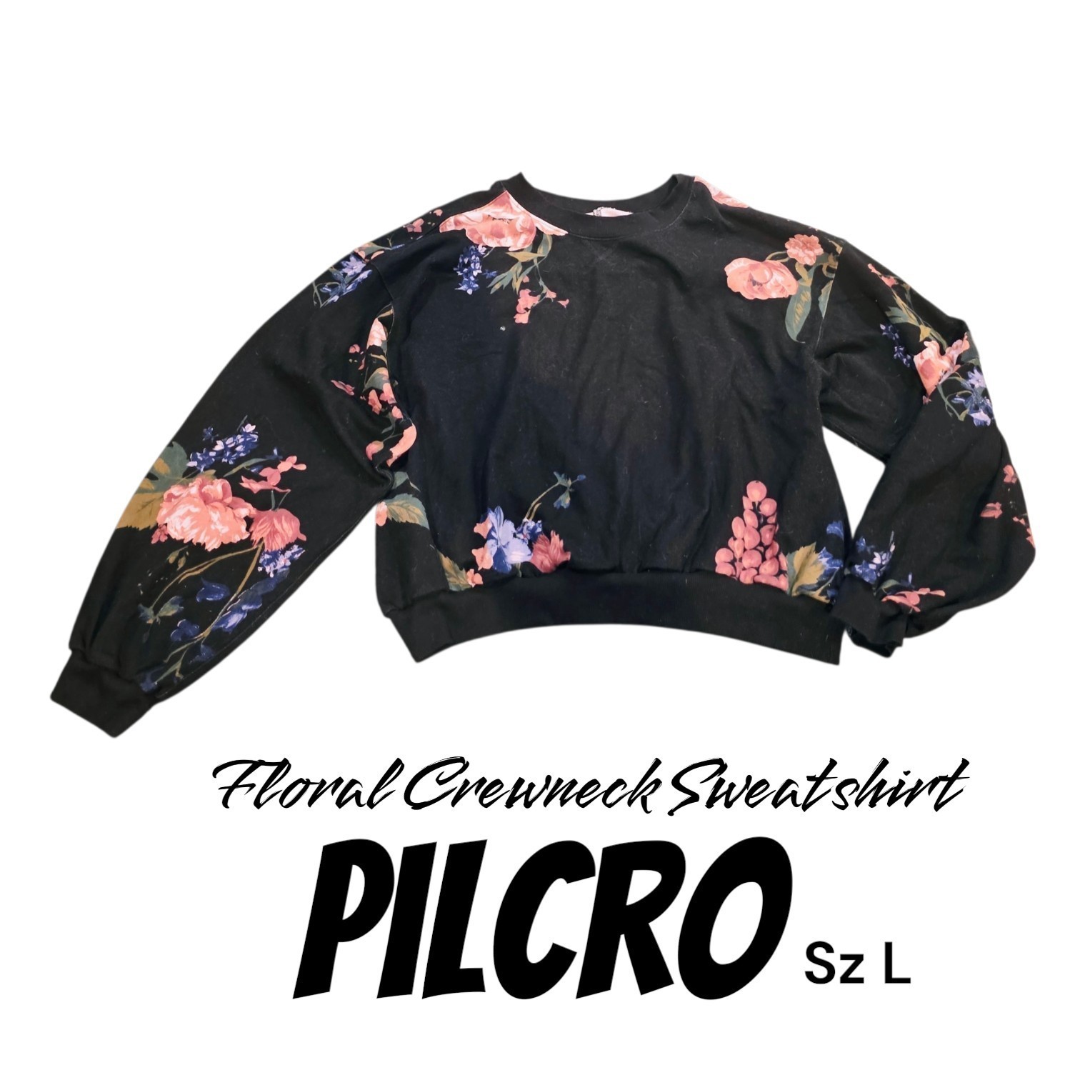 Pilcro Sz L Anthropologie Black Floral Balloon Sleeve Boho Pullover Sweatshirt