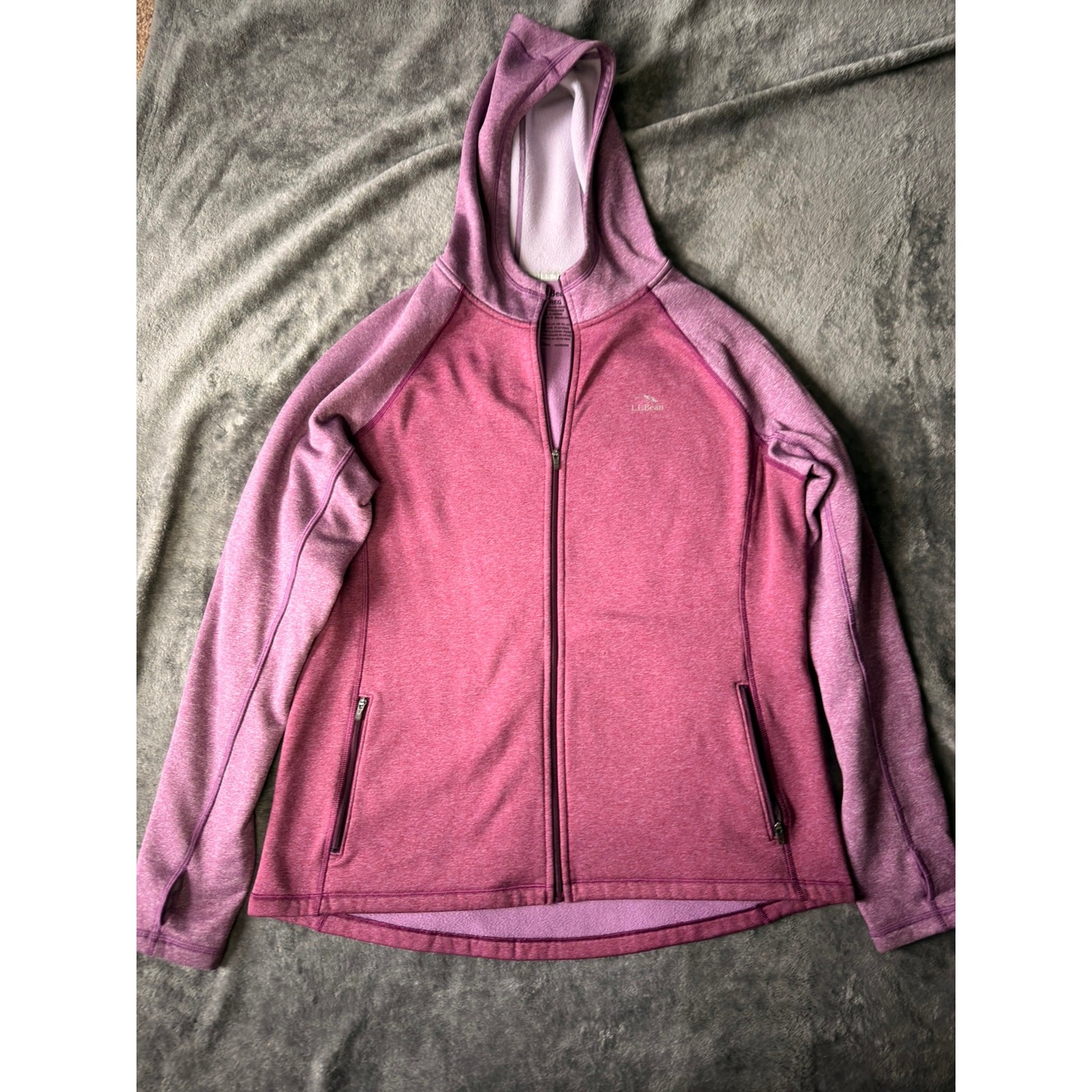 L.L.Bean Women\'s Large Hooded Fleece Jacket Pink Purple Full Zip Thumbholes