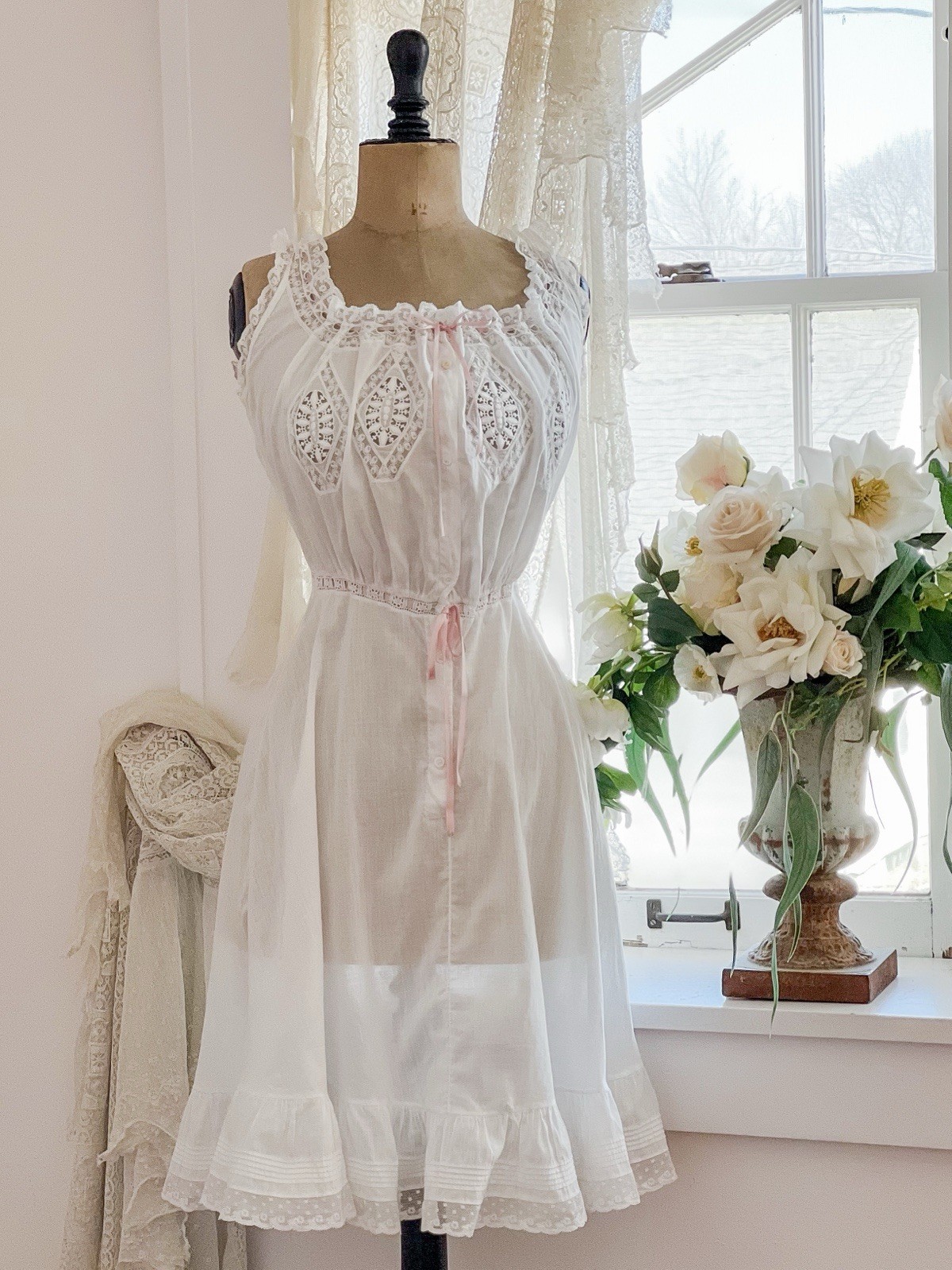 Vintage Edwardian Victorian Chemise Underdress with Lace Insets And Pink Ribbons