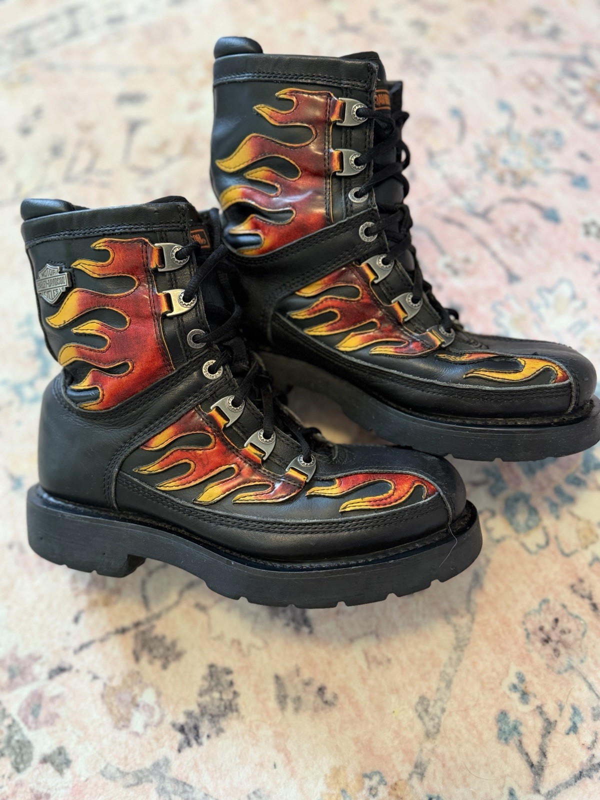Vintage Harley-Davidson Men’s Black Leather Flame Lace-Up Combat Boots US 8