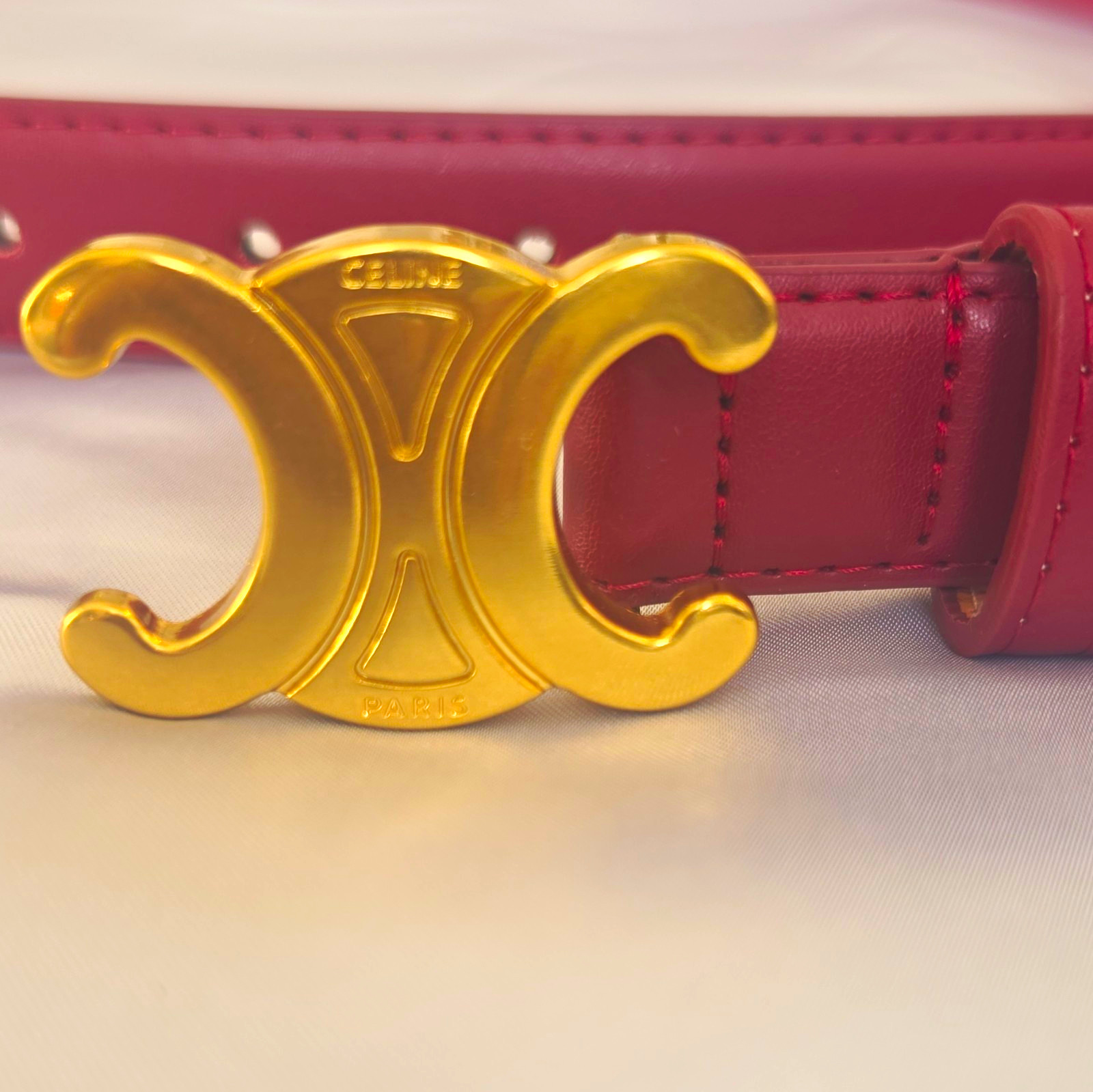 CELINE Women’s Burgundy Fashion Belt w/ Gold-Tone Logo Buckle, Size 110