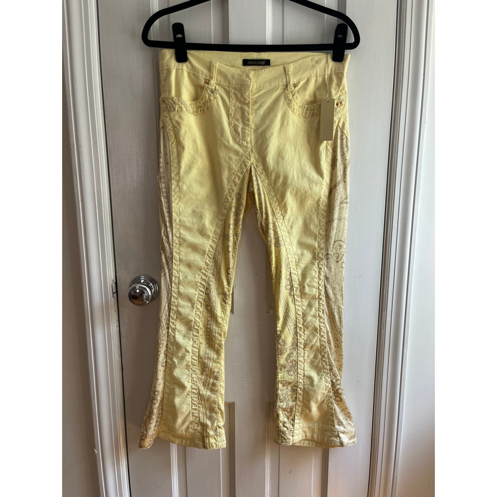Roberto Cavalli Archival 2004 Yellow Linen Silk Paisley Flare Pants, Medium, NWT