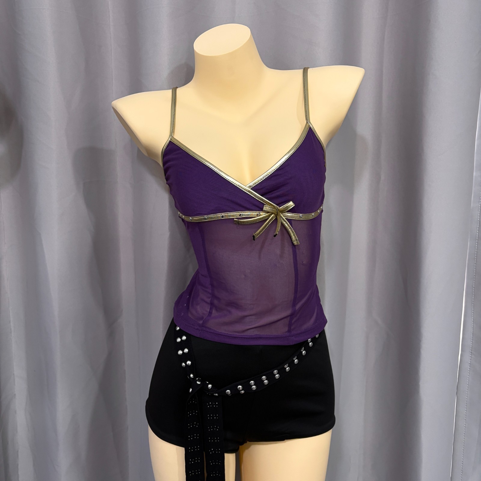 Y2K Purple Mesh Cami Top with Gold Trim & Bow | Vintage 2000s Slim Fit Size S