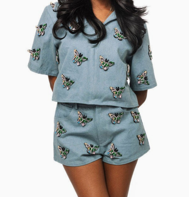 Queen Of Sparkles Set XS Blue Denim Embellished Jewel Butterflies Top Shorts