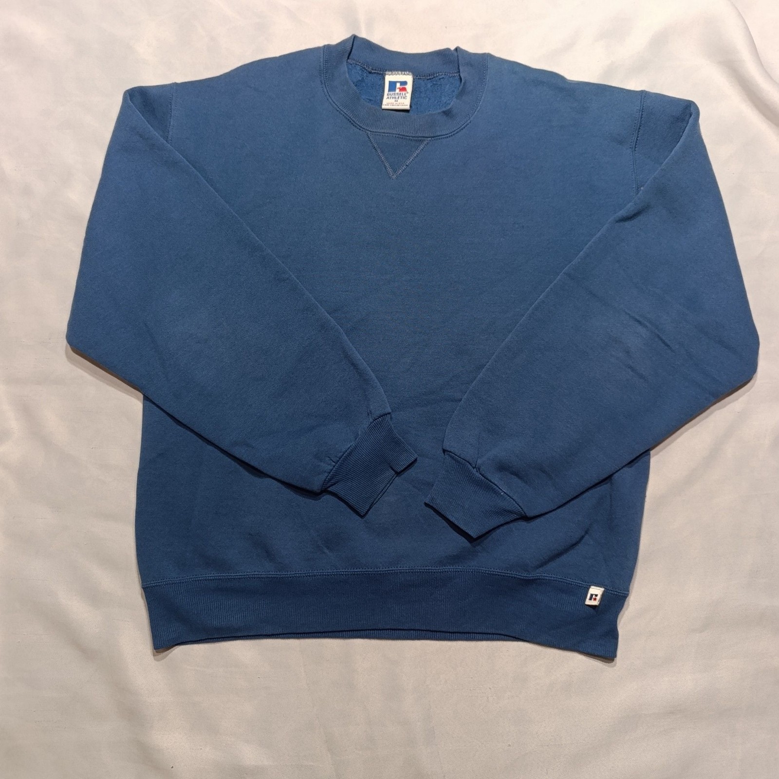 Vintage Russell Athletic Sweatshirt M Made in USA 90s Faded Blue Blank Crewneck
