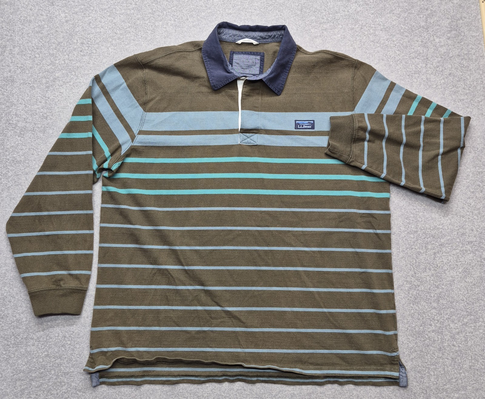 LL Bean Mens XL Rugby Shirt Traditional Fit Olive Green Blue Striped Cotton