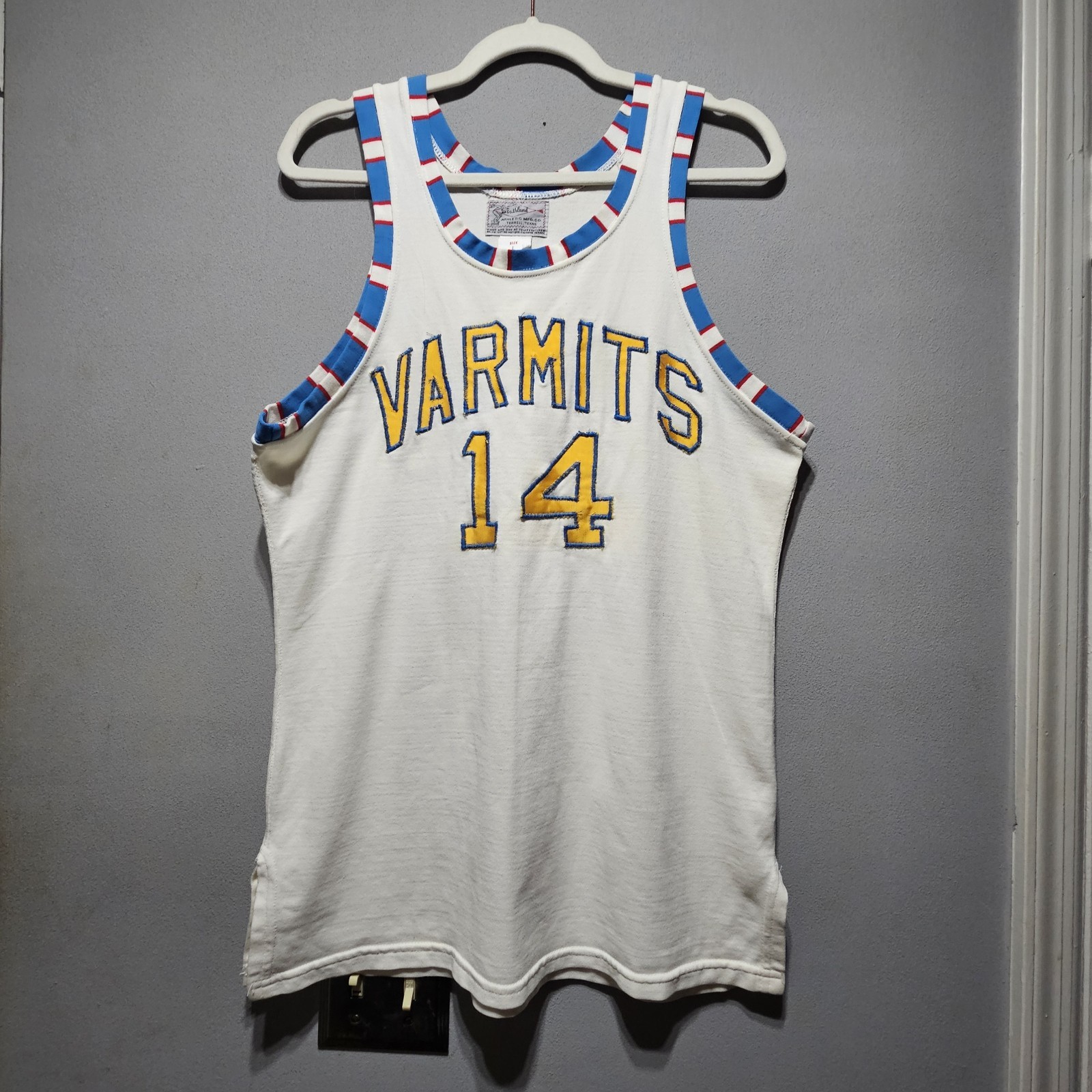 Vtg 50s 60s Southland Athletic Terrell TX Basketball Jersey VARMITS 14 Sz L