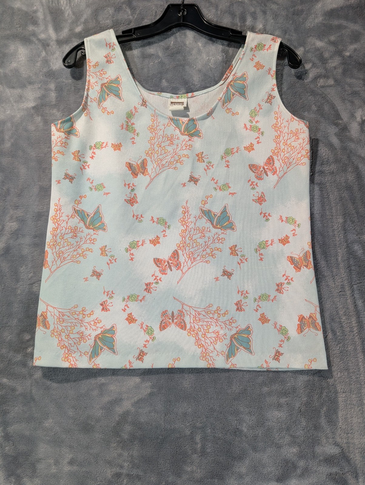 VTG 70s Montgomery Ward Tank Top Butterfly Floral Blue Polyester Shell Womens M