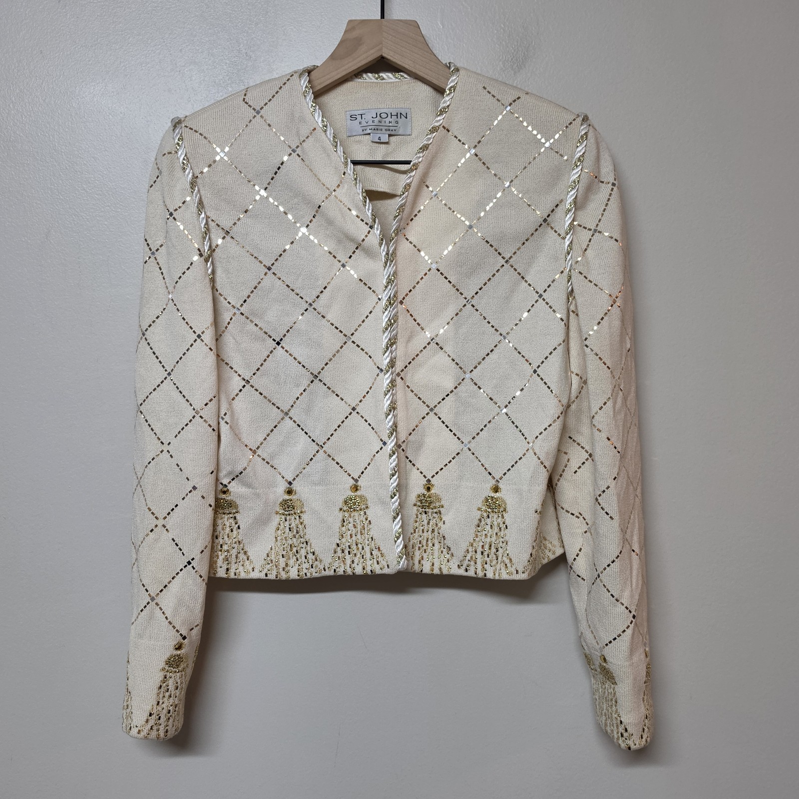 St John Evening Marie Gray Size 4 Cream Gold Sequin Beaded Santana Knit Jacket