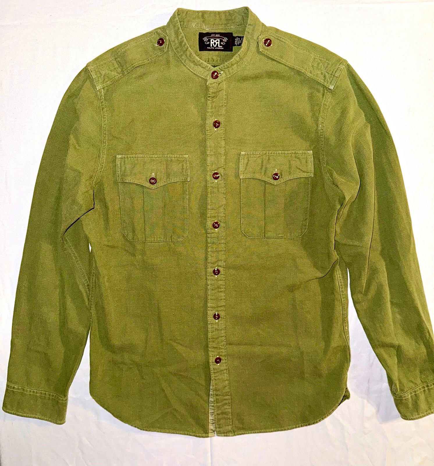 RRL Double RL VTG Ralph Lauren Green Band Collar Officer Military Shirt Mens M