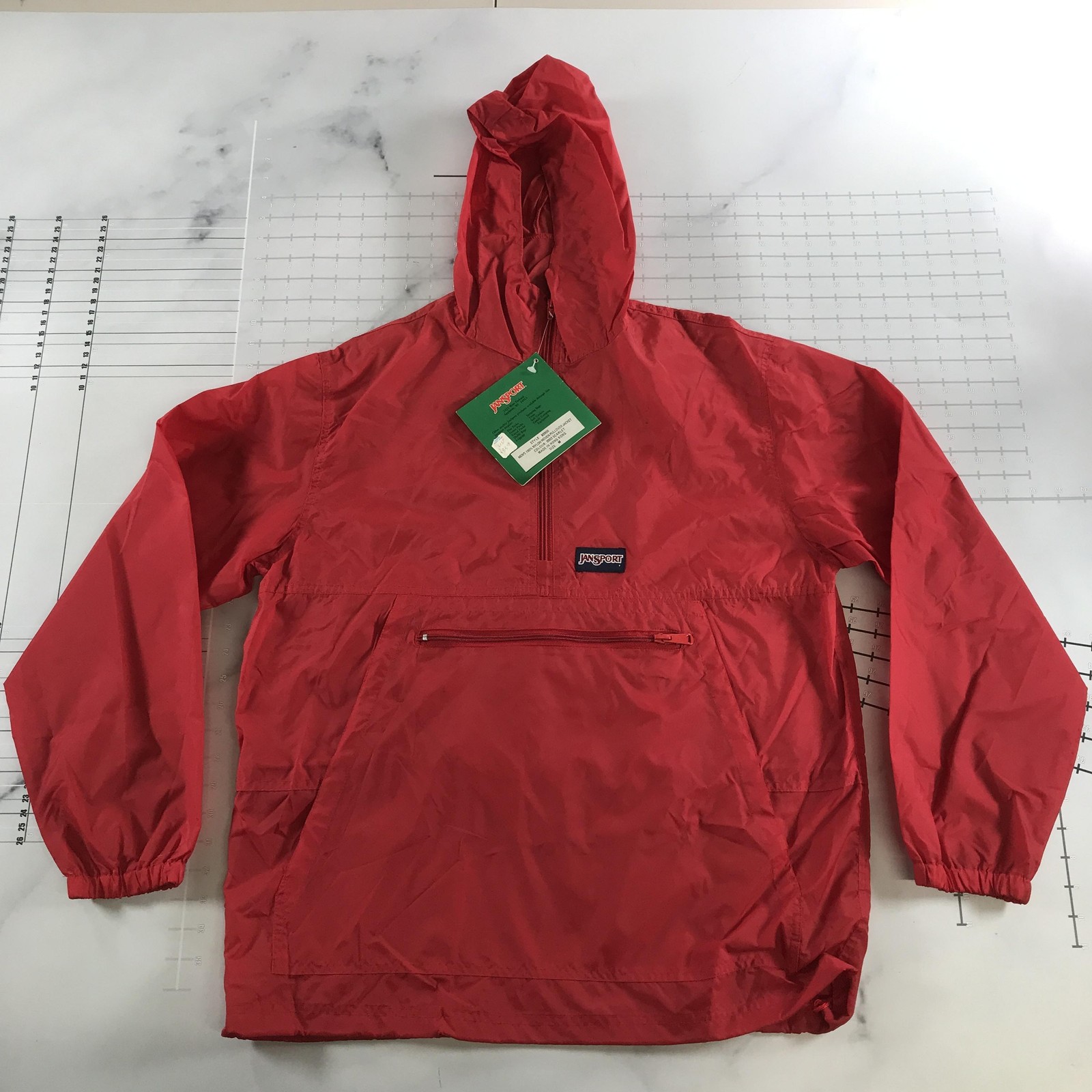 Vintage Jansport Jacket Mens Medium Red 1/4 Zip Hooded Pullover Anorak 80900