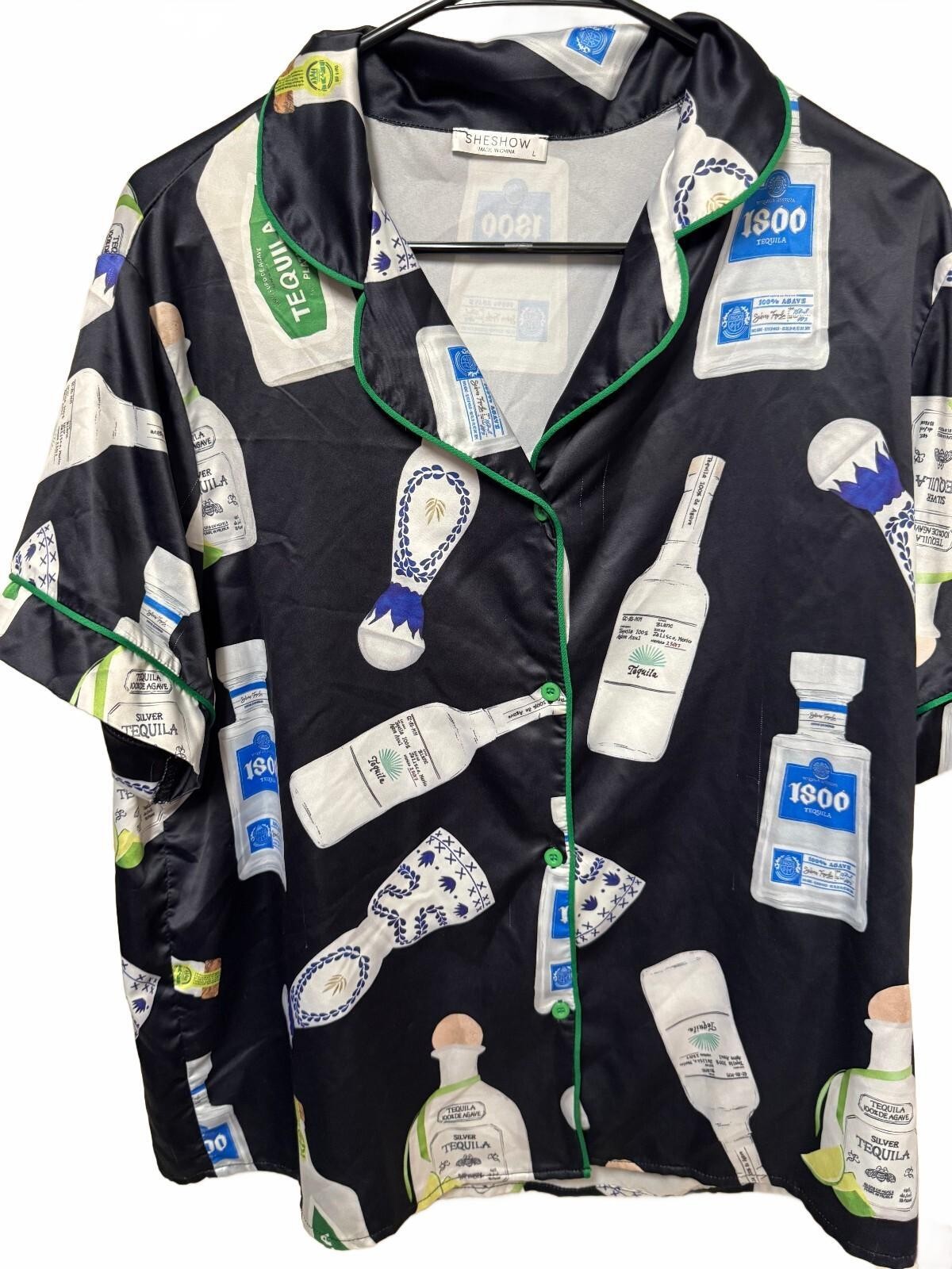 SHESHOW Tequila Bottle Print Satin Pajama Top Black Green Size L