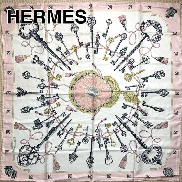 Hermes Carre 90 Silk Scarf Key Print Pink Very Good