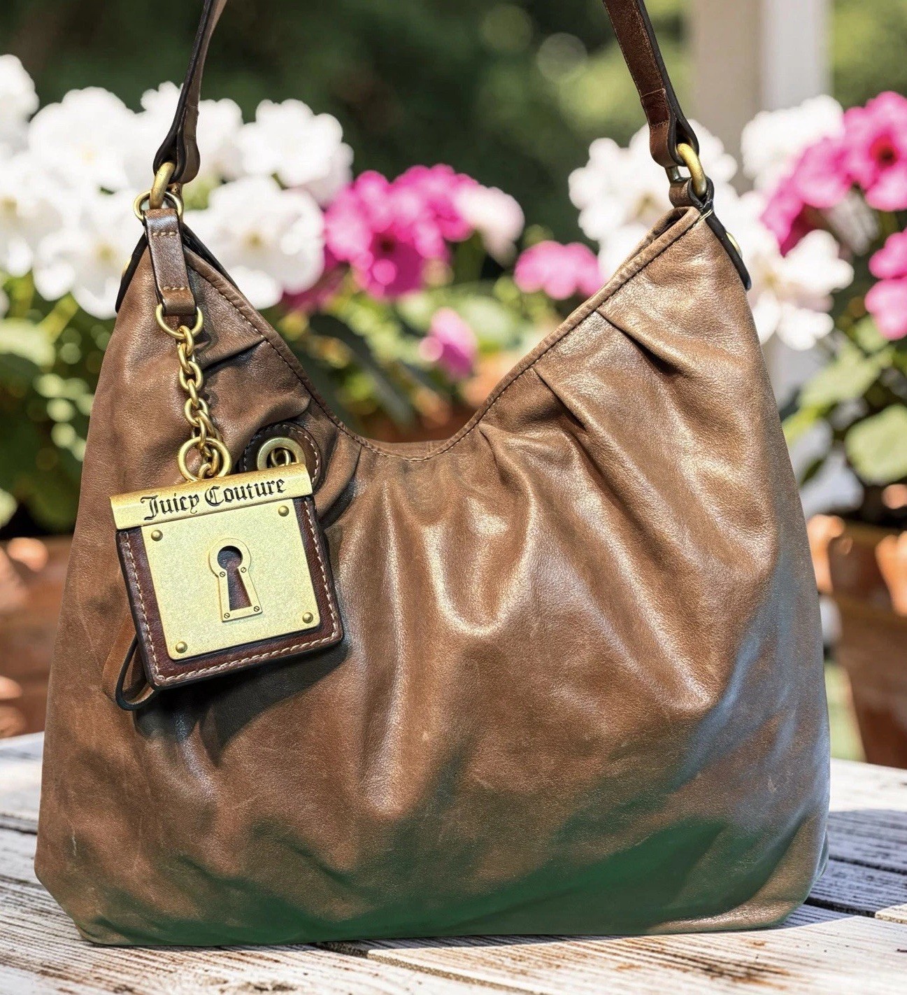 Vintage Y2K Juicy Couture Brown Leather Hobo Shoulder Bag Purse Lock Charm