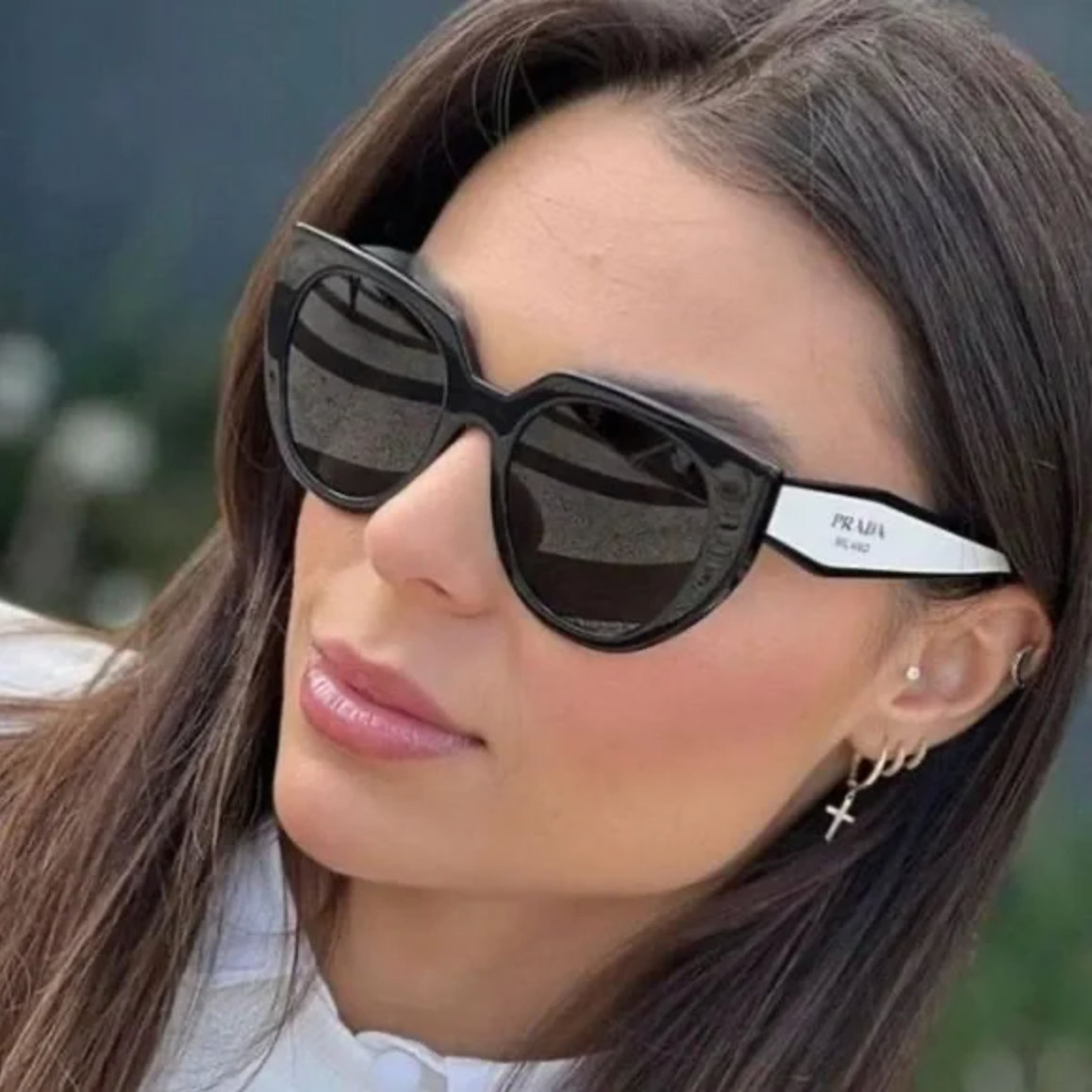 Prada PR14WS 09Q5S0 Cat Eye Sunglasses in Black and White /Gray Lens 100% UV