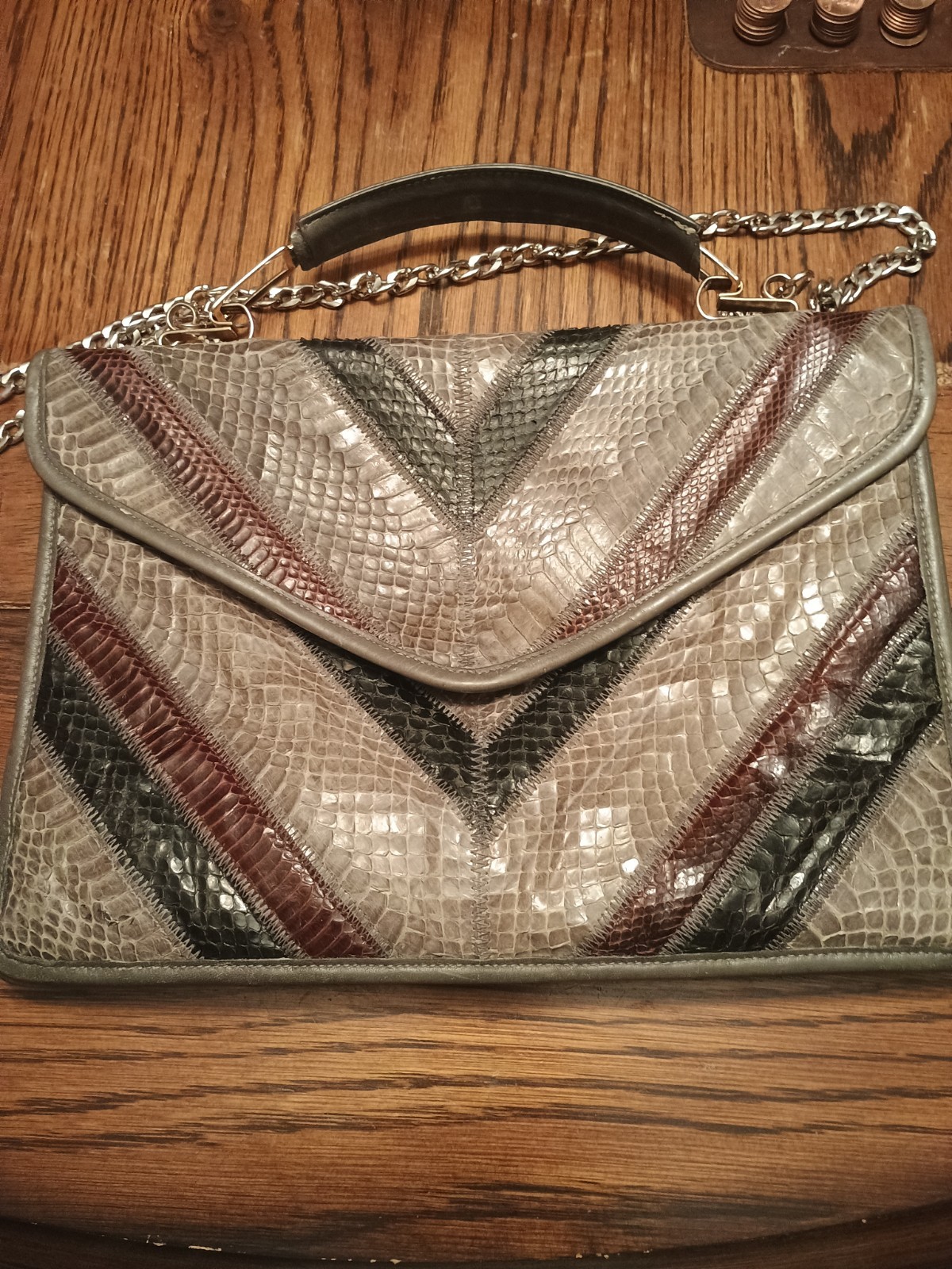 Vintage Varon Brown Snakeskin Patchwork Purse Clutch Chain Shoulder Bag 1970s