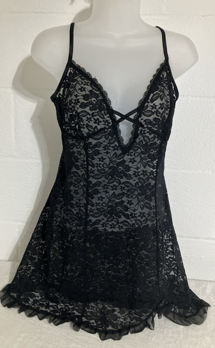 Black Lace  Cami Tunic Dress Top Boho Strappy Back Layered Bow Ruffle Small