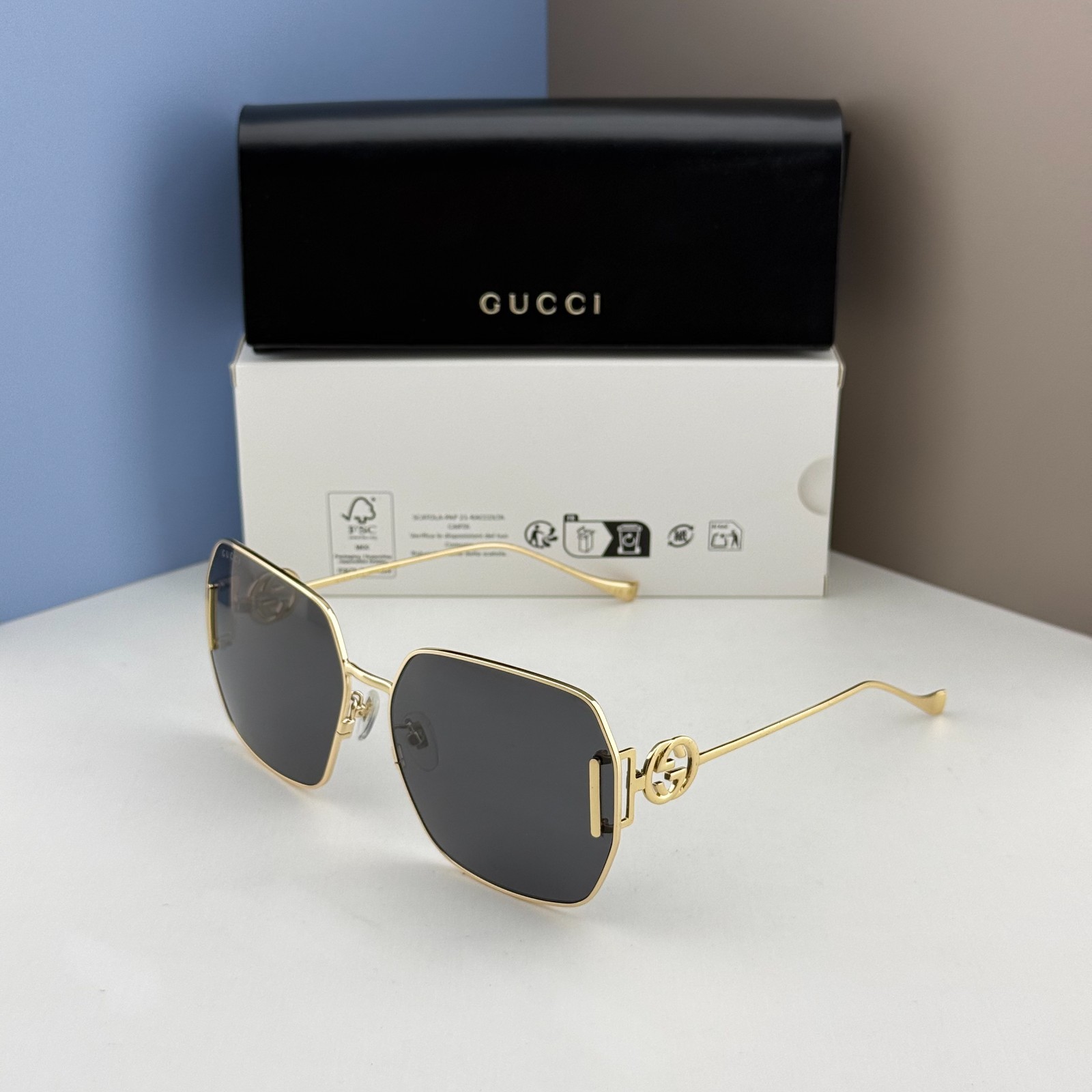 Gucci GG1207SA Geometric Sunglasses Gold Frame Grey Lens Women 64-16-140